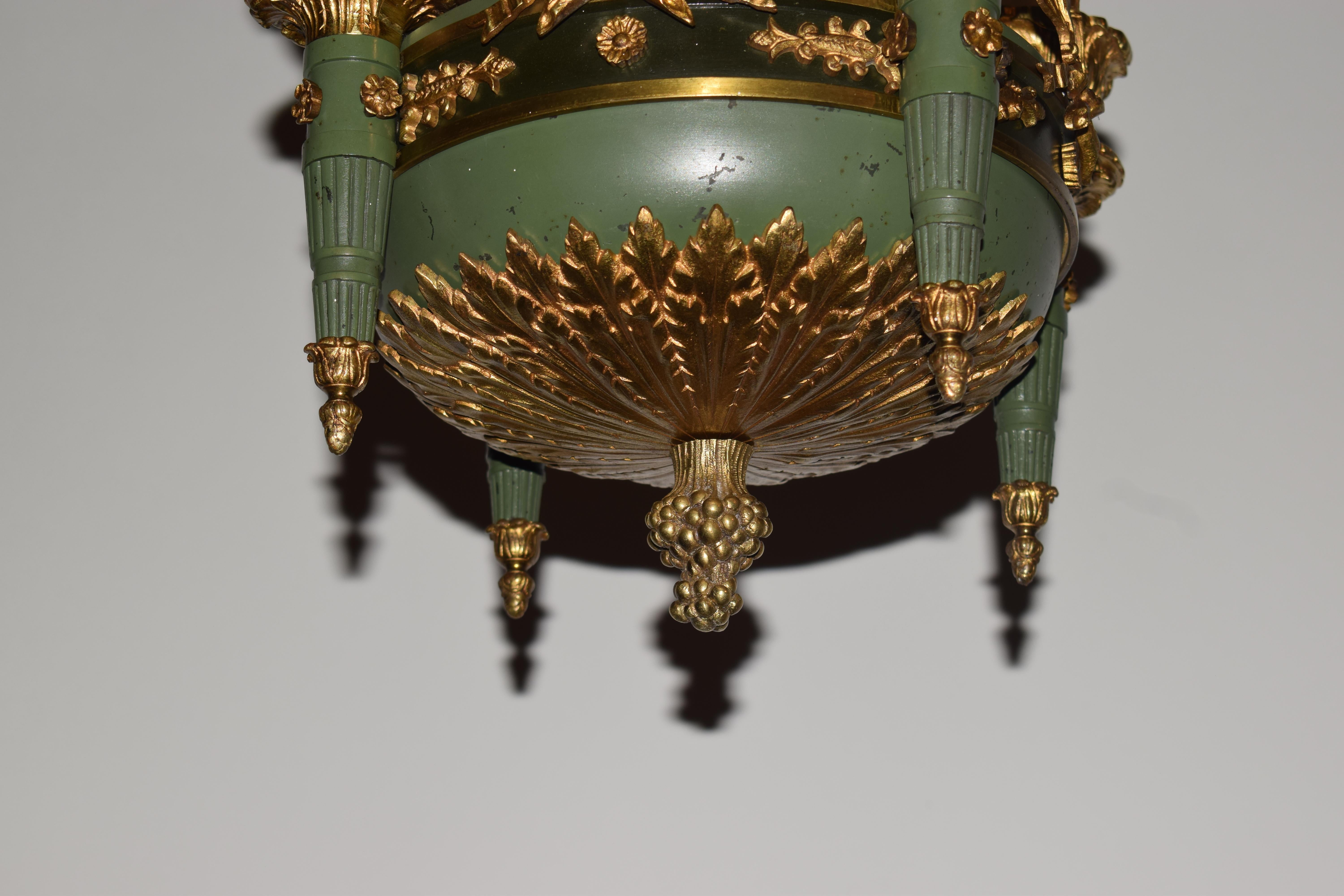 Empire Style Four Light Green Painted & Gilt Chandelier For Sale 11