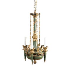 Empire Style Four Light Green Painted & Gilt Chandelier