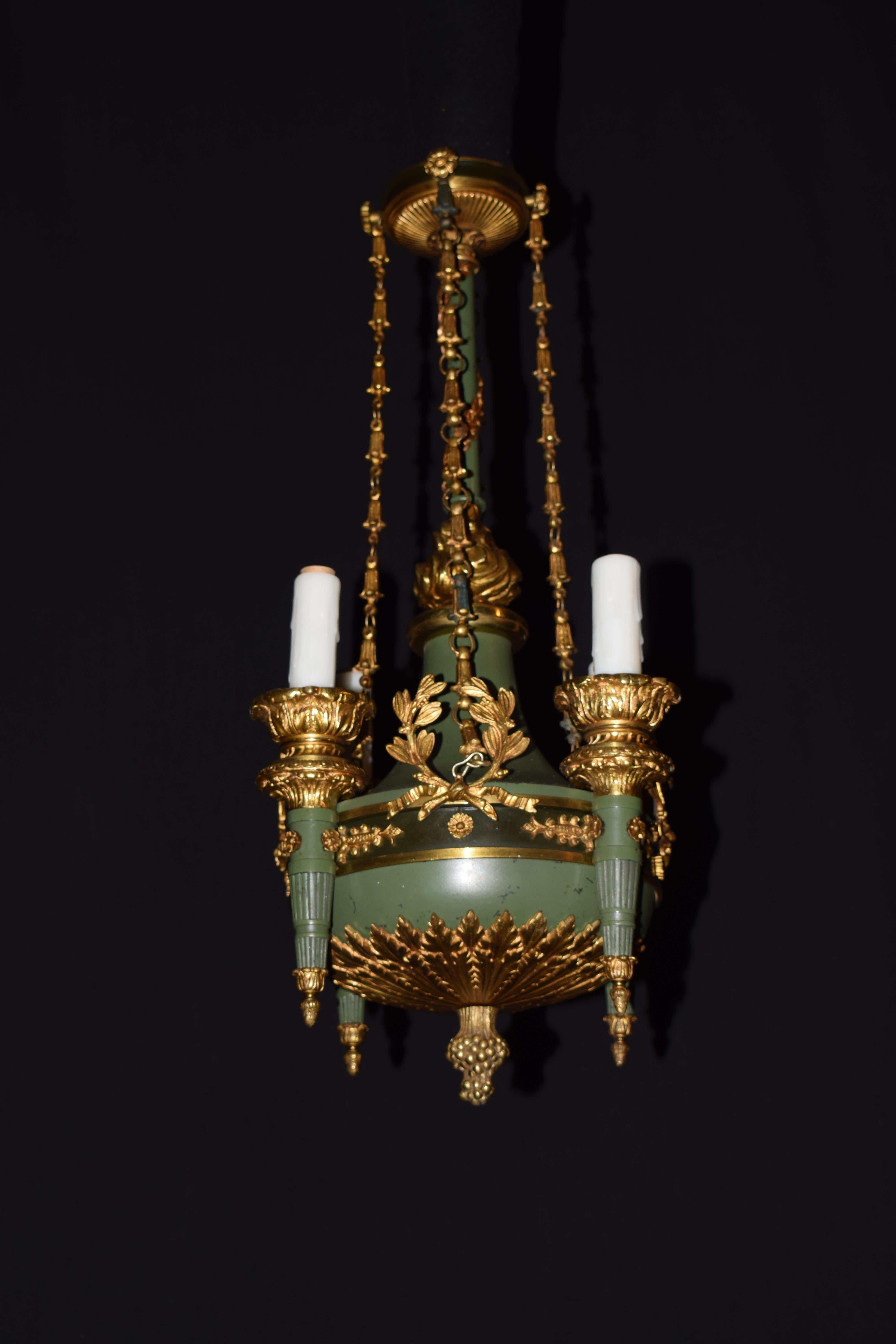 Bronze Empire Style Four Light Green Painted & Gilt Chandelier For Sale