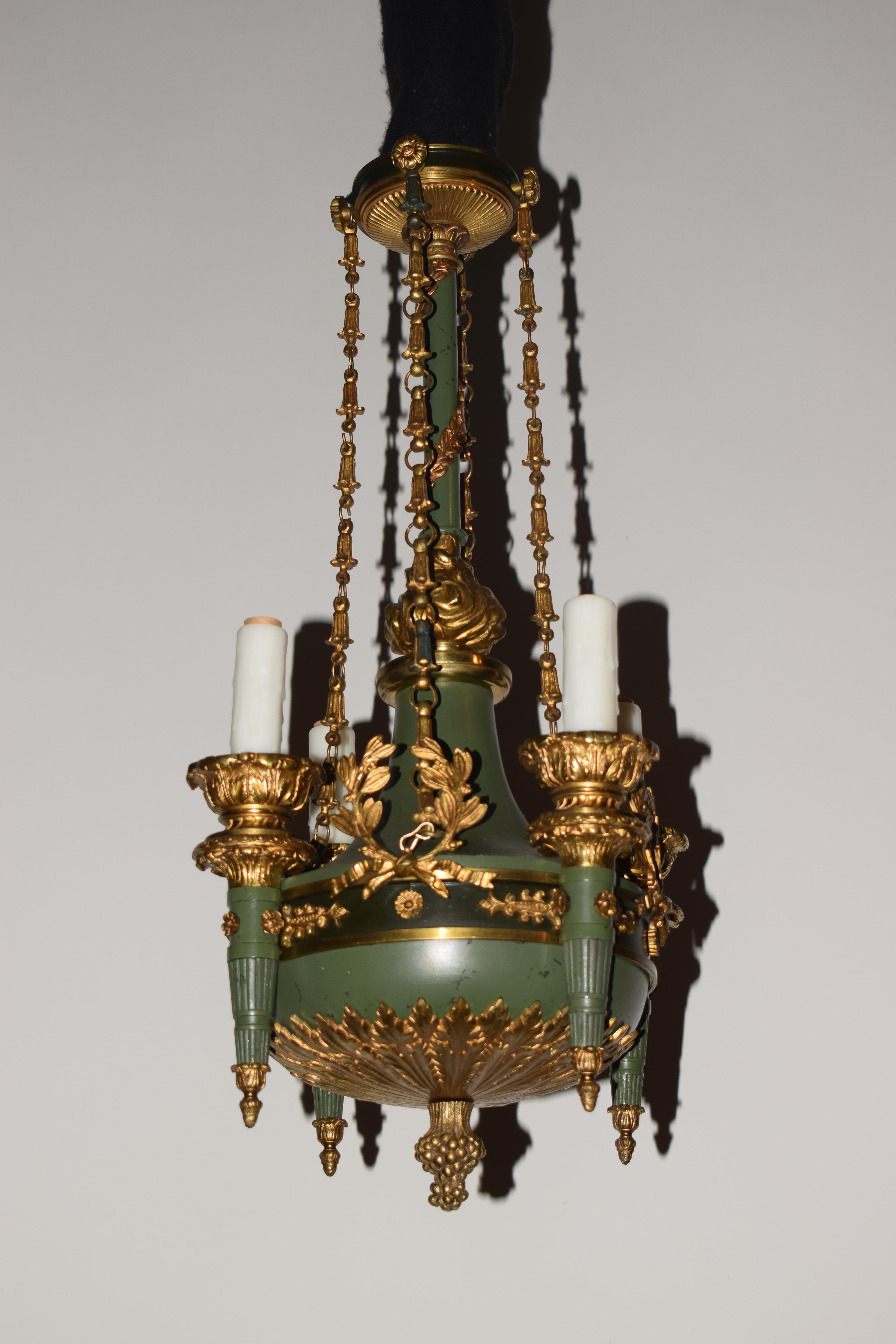Empire Style Four Light Green Painted & Gilt Chandelier For Sale 1