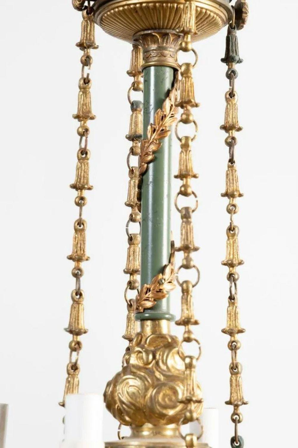 Empire Style Four Light Green Painted & Gilt Chandelier For Sale 2