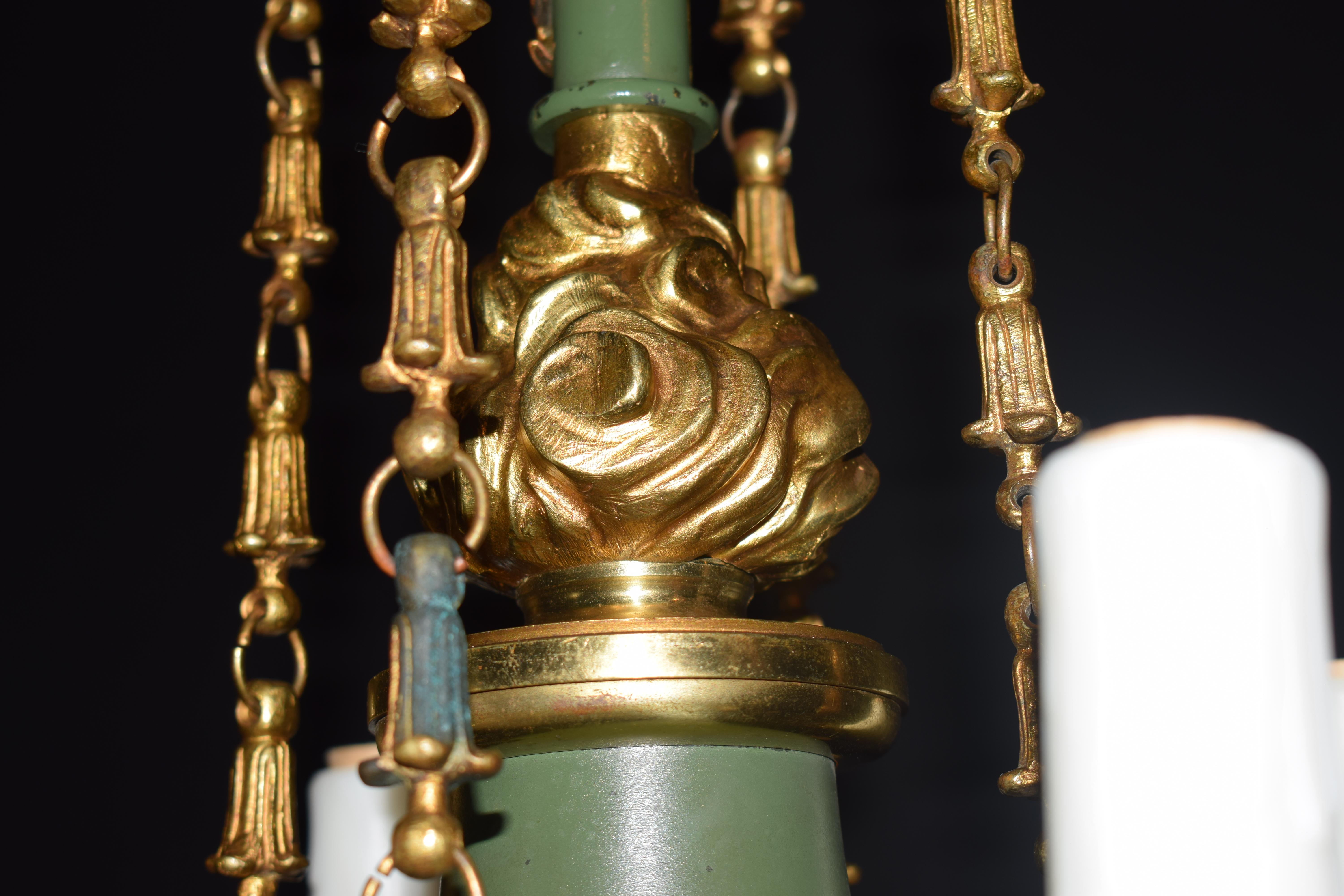 Empire Style Four Light Green Painted & Gilt Chandelier For Sale 3