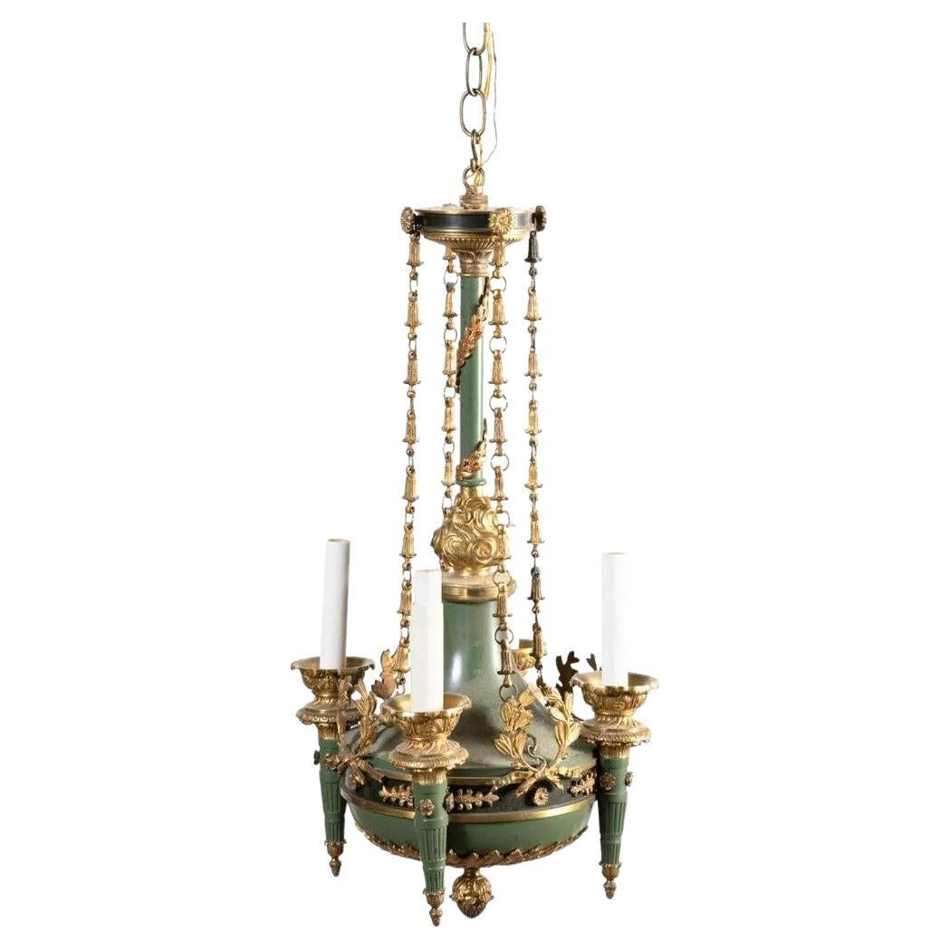 Empire Style Four Light Green Painted & Gilt Chandelier For Sale