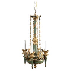 Empire Style Four Light Green Painted & Gilt Chandelier