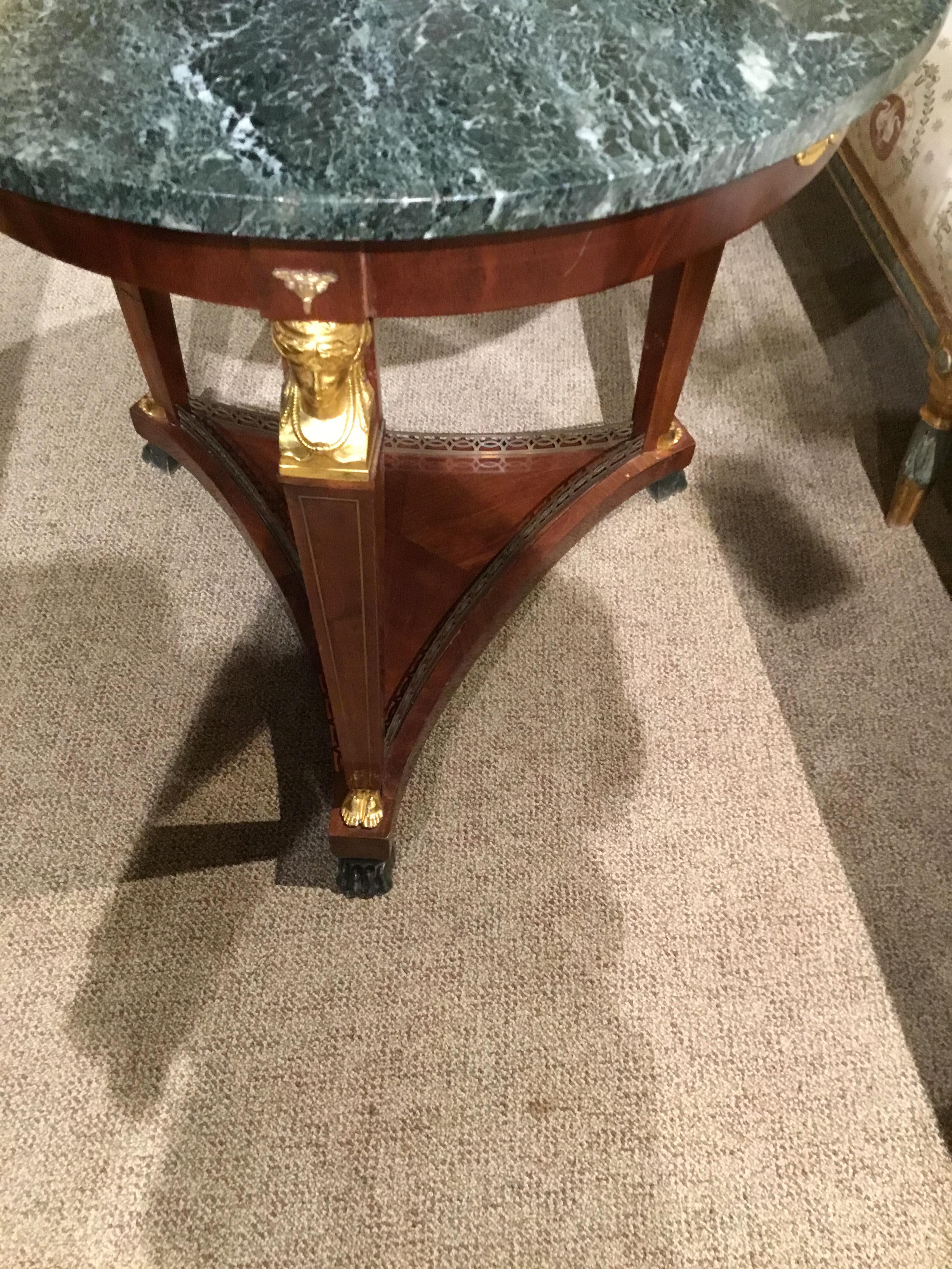 Empire Style French Gueridon Round Table with Green Marble Top 19th Century In Good Condition For Sale In Houston, TX