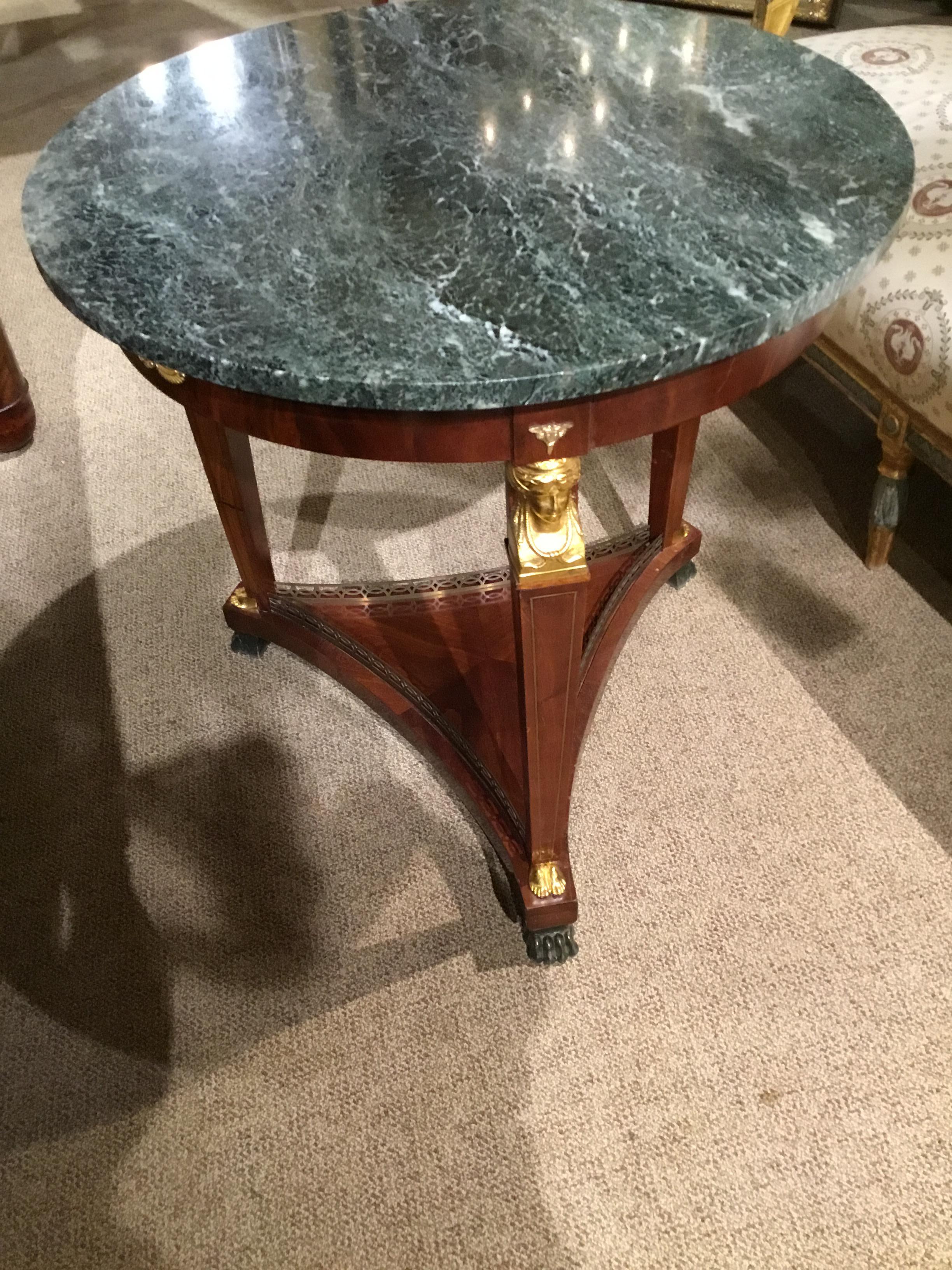 Mahogany Empire Style French Gueridon Round Table with Green Marble Top 19th Century For Sale