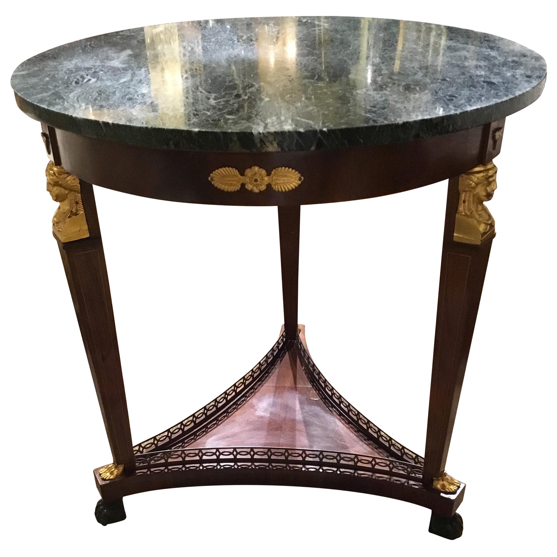 Empire Style French Gueridon Round Table with Green Marble Top 19th Century