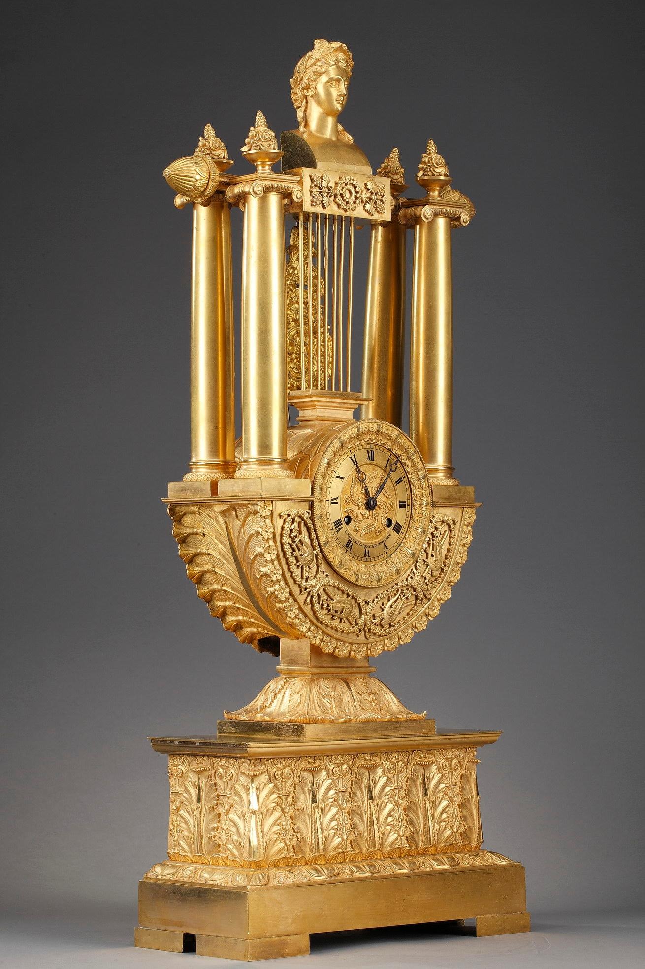 French Empire-Style Gilt Bronze Lyre Clock