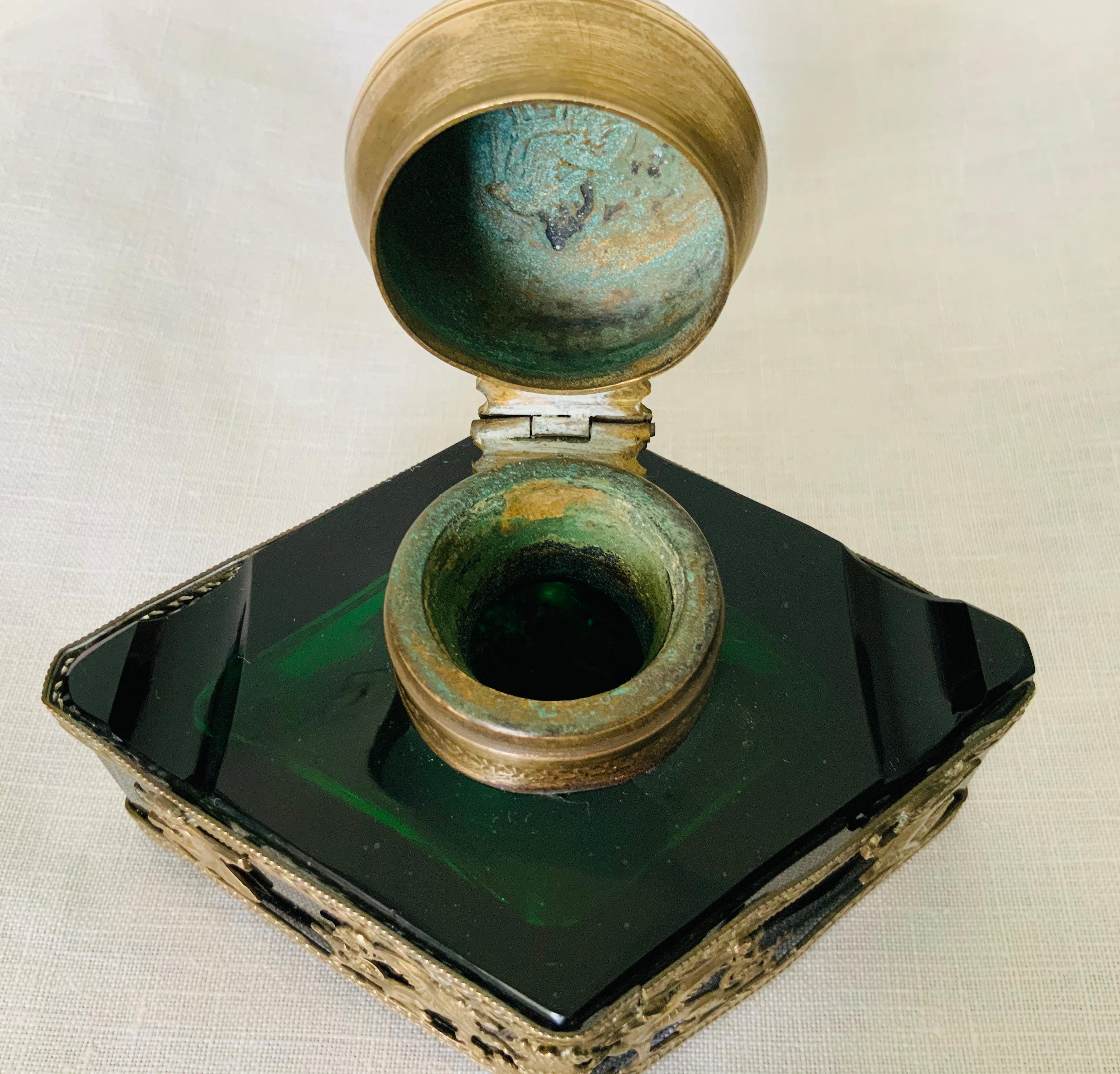19th Century Empire Style Gilt Bronze Mounted Green Glass Inkwell Bottle For Sale