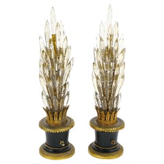 Lámpara de sobremesa en forma de árbol de bronce patinado y dorado estilo Imperio con hojas de cristal