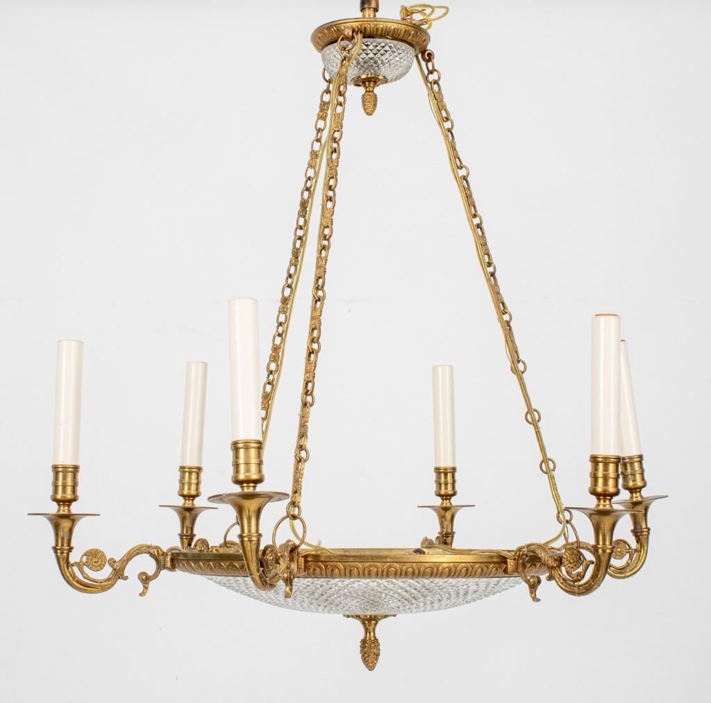 Empire Style Glass Gilt Metal 6 Light Chandelier In Good Condition For Sale In New York, NY