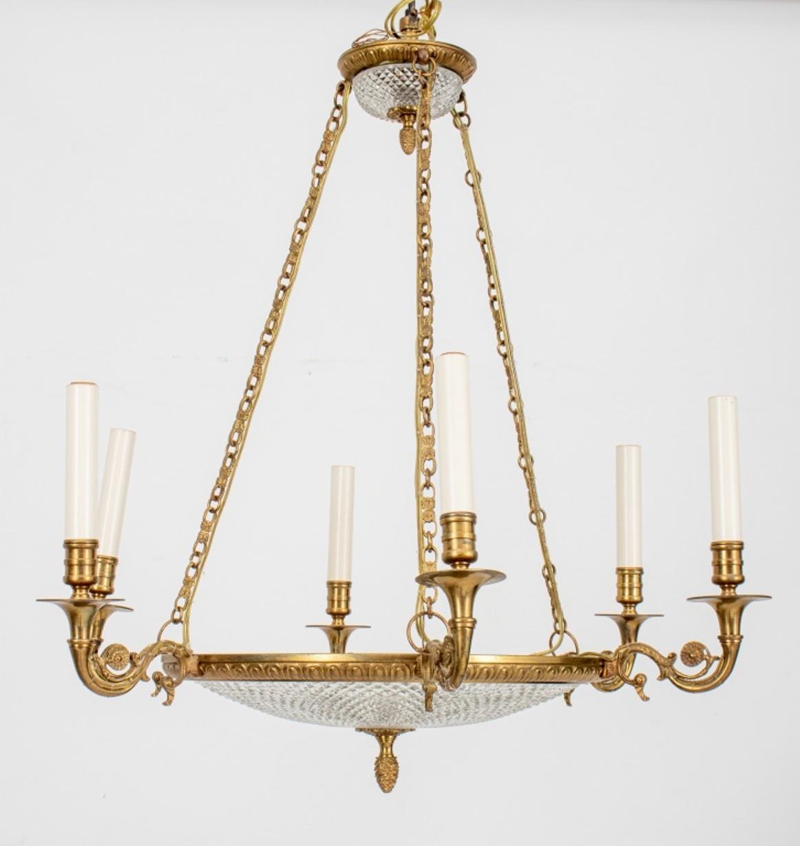 20th Century Empire Style Glass Gilt Metal 6 Light Chandelier For Sale