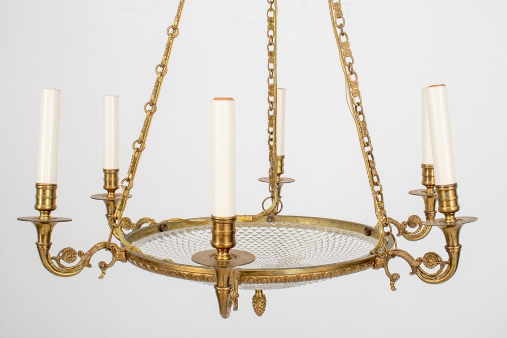 Empire Style Glass Gilt Metal 6 Light Chandelier For Sale 1
