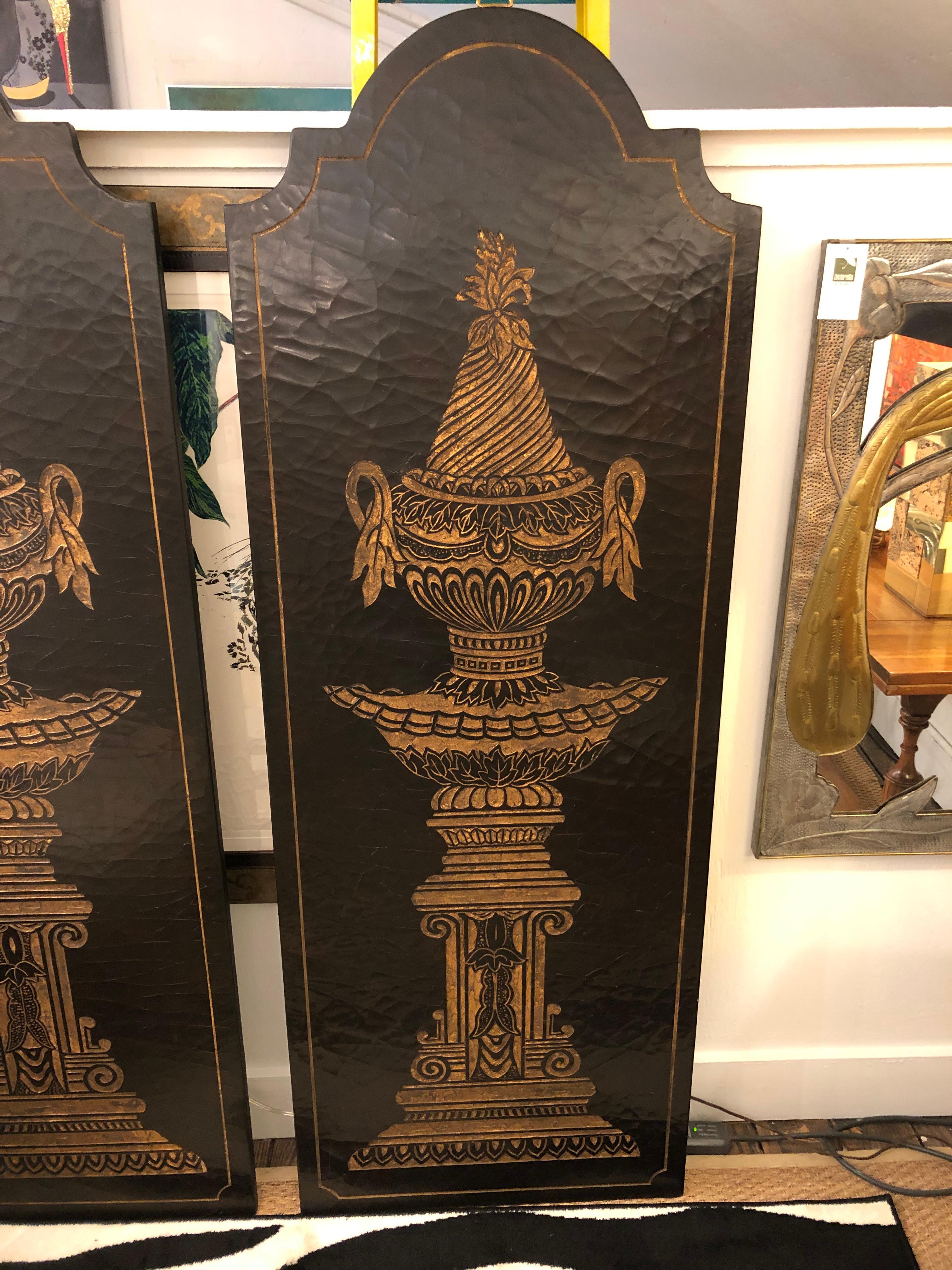  Empire Style Gold Urns on Black Lacquered Wall Art Panels In Good Condition In Hopewell, NJ