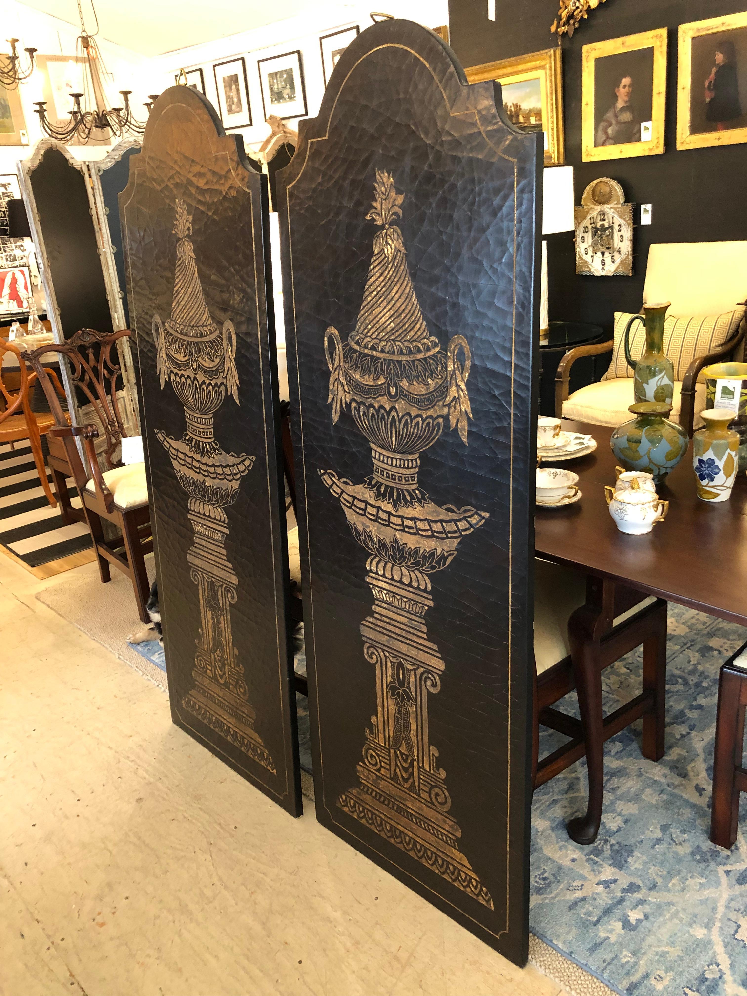 Wood  Empire Style Gold Urns on Black Lacquered Wall Art Panels