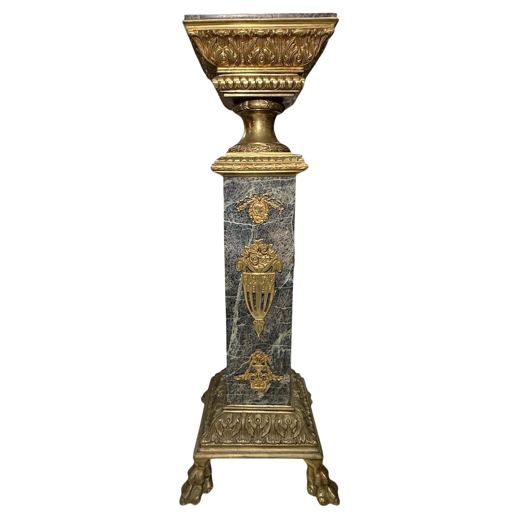 Empire Style Grey Green Marble Bronze Tall Pedestal For Sale