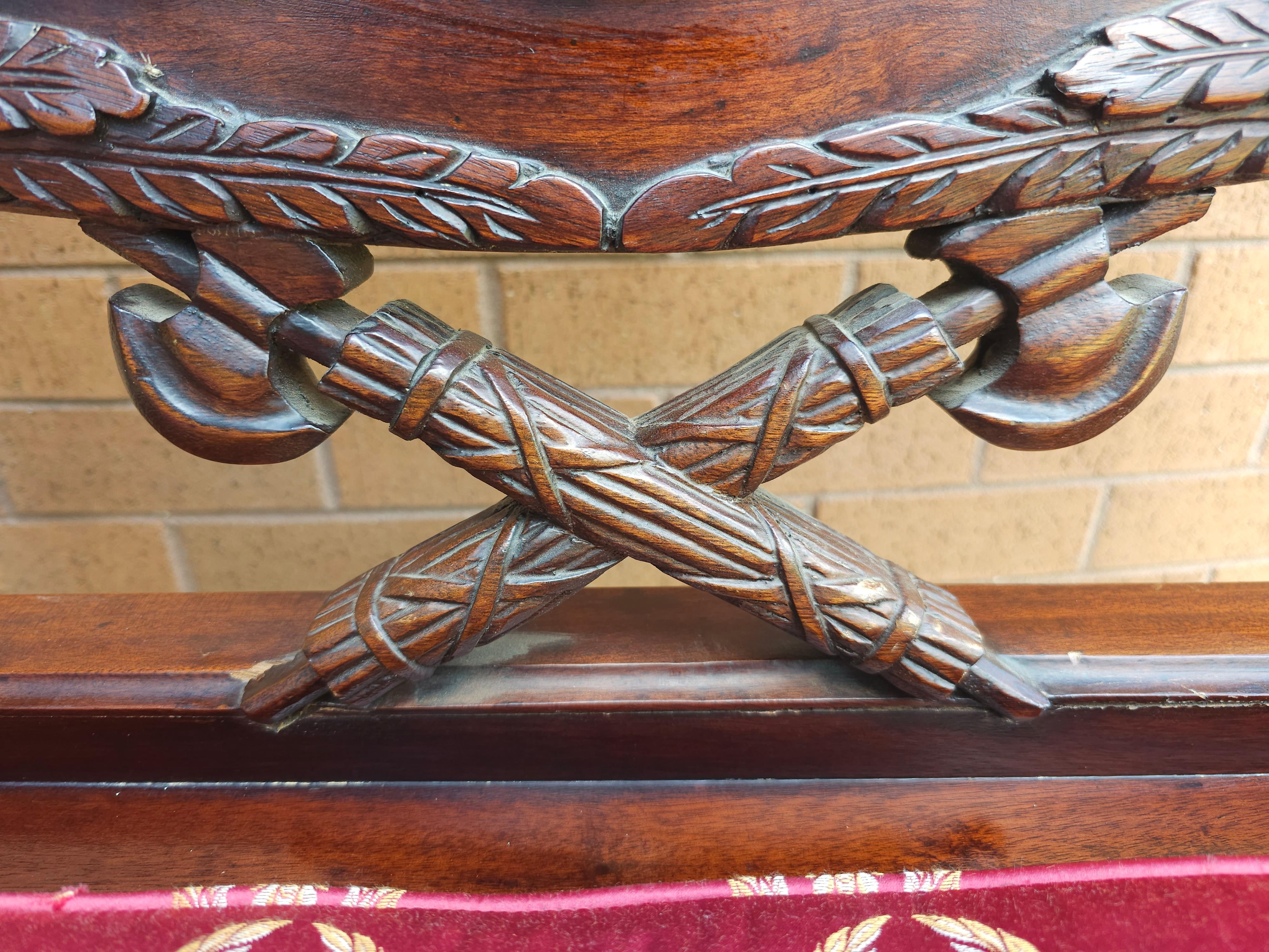 Empire Style Heraldic Coat of Arms Carved Mahogany Double Eagle Bench For Sale 7