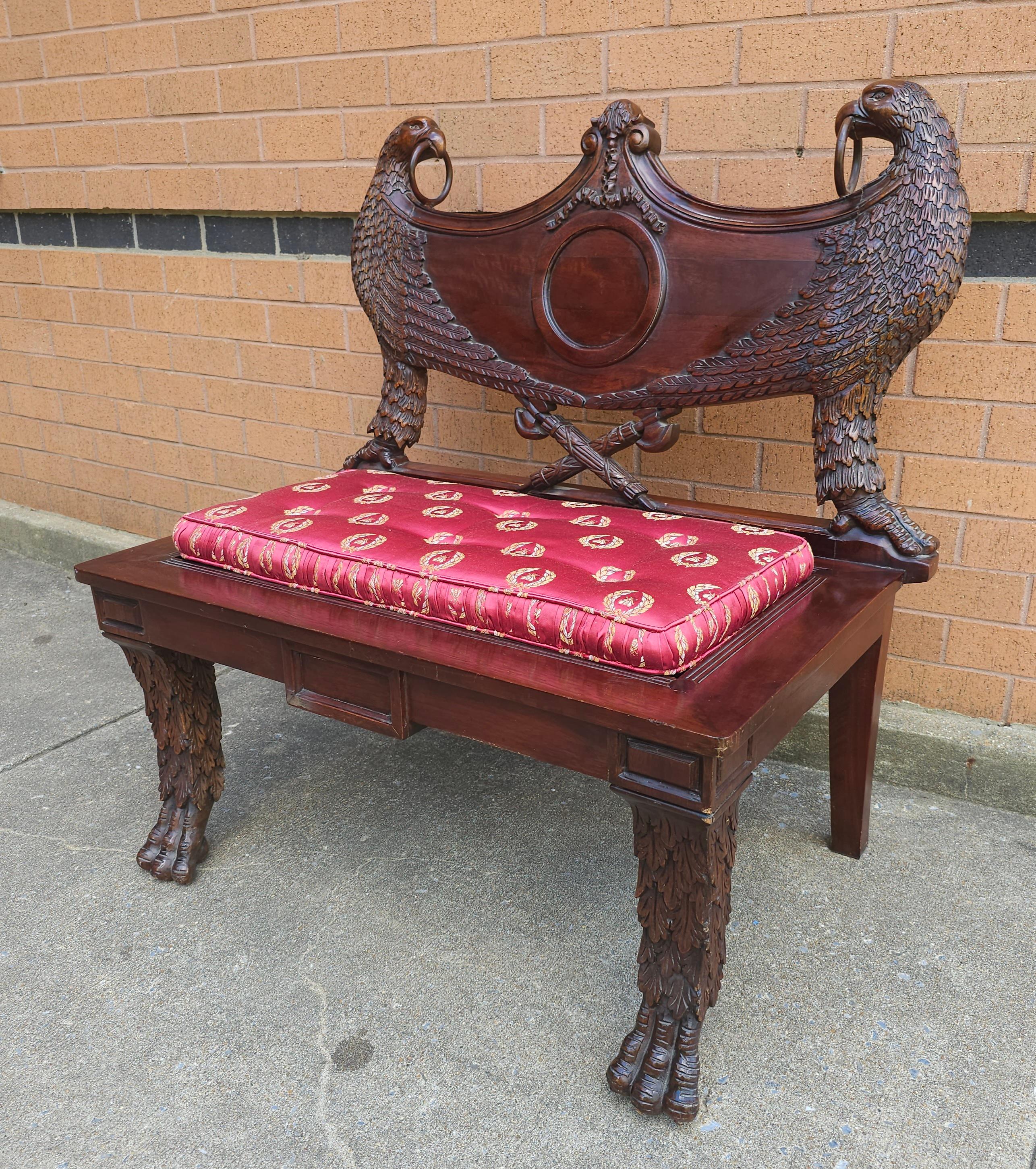 American Empire Style Heraldic Coat of Arms Carved Mahogany Double Eagle Bench For Sale