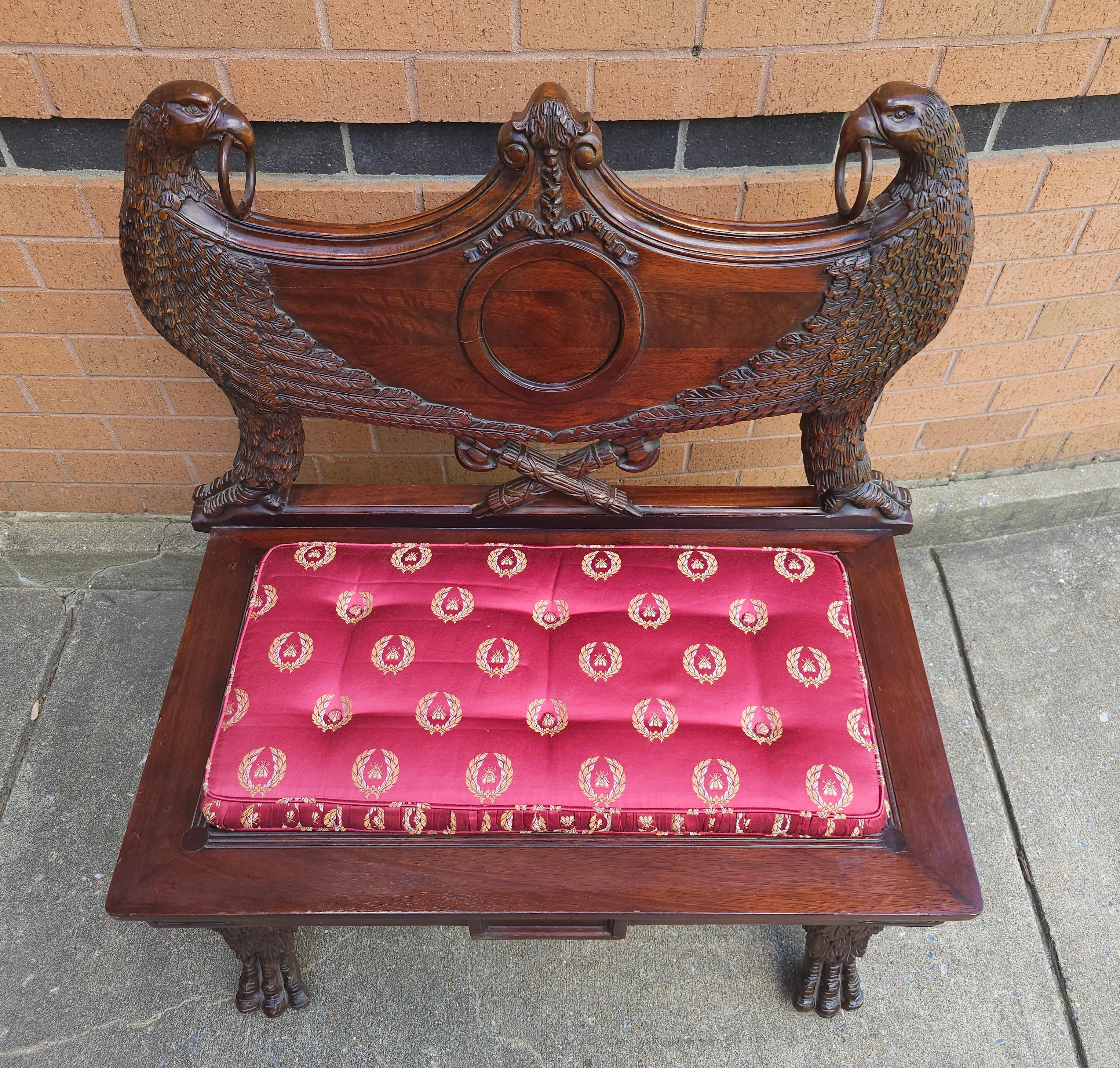 Empire Style Heraldic Coat of Arms Carved Mahogany Double Eagle Bench In Good Condition For Sale In Germantown, MD