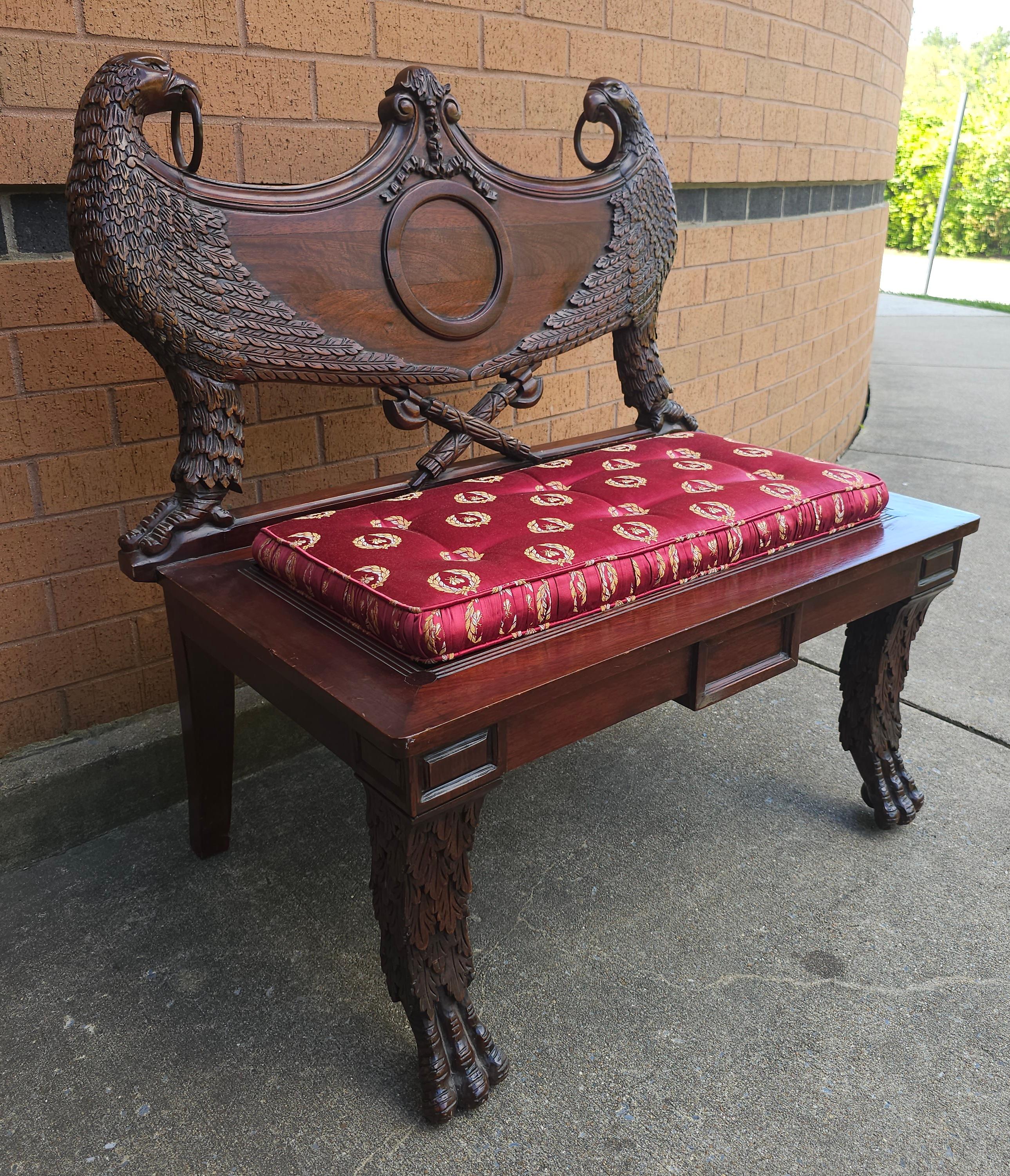 20th Century Empire Style Heraldic Coat of Arms Carved Mahogany Double Eagle Bench For Sale