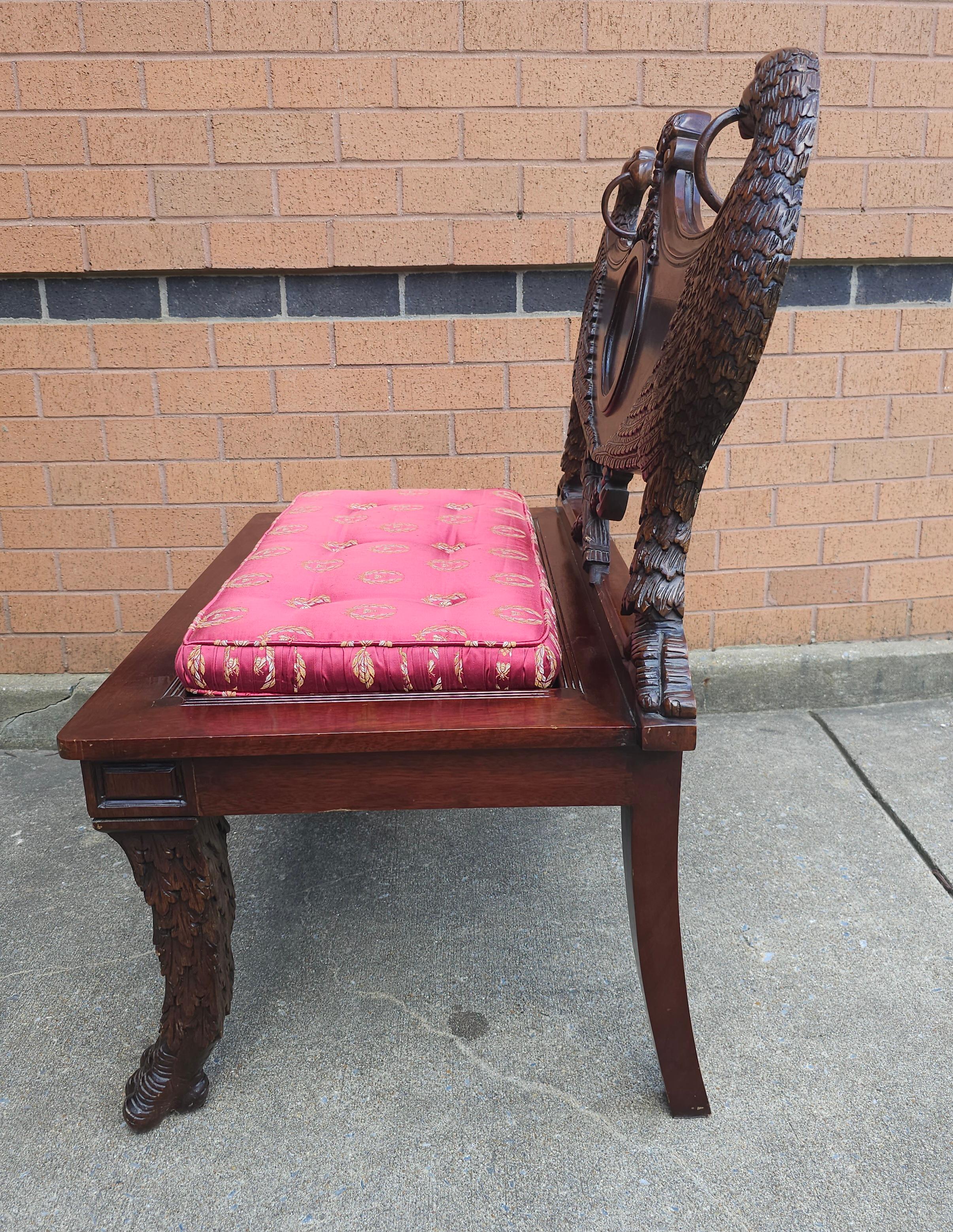 Empire Style Heraldic Coat of Arms Carved Mahogany Double Eagle Bench For Sale 1