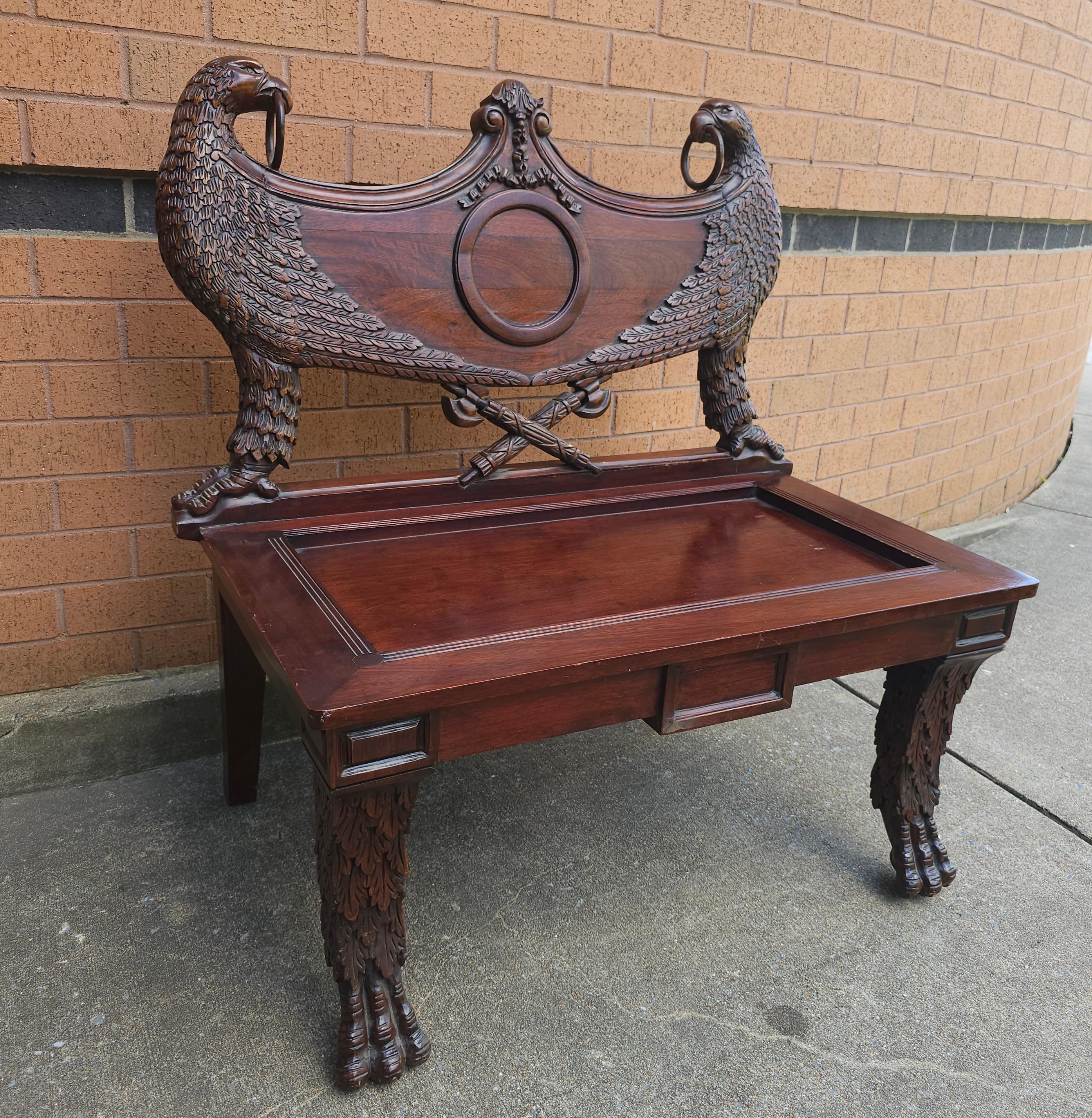 Empire Style Heraldic Coat of Arms Carved Mahogany Double Eagle Bench For Sale 3