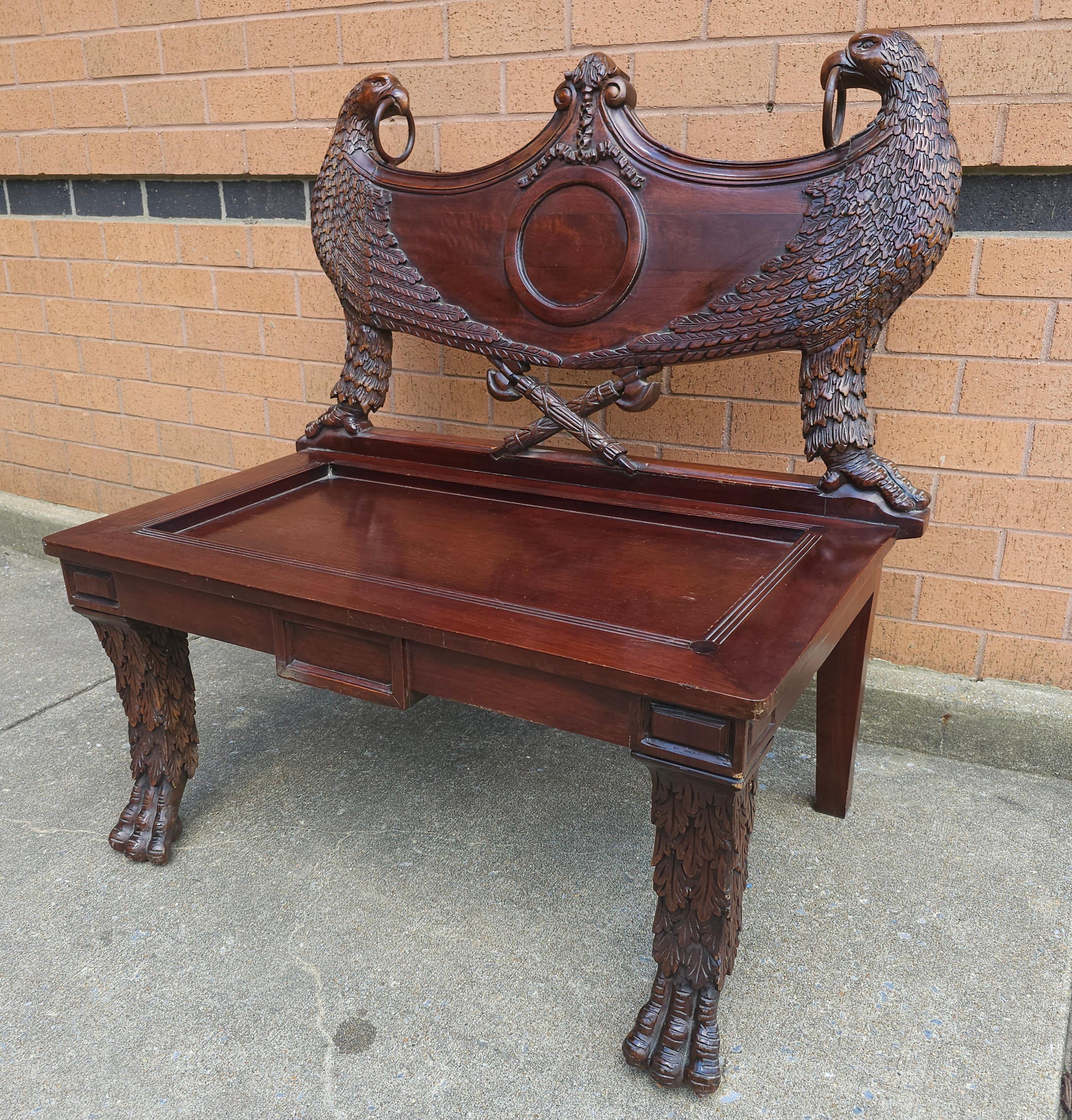 Empire Style Heraldic Coat of Arms Carved Mahogany Double Eagle Bench For Sale 4