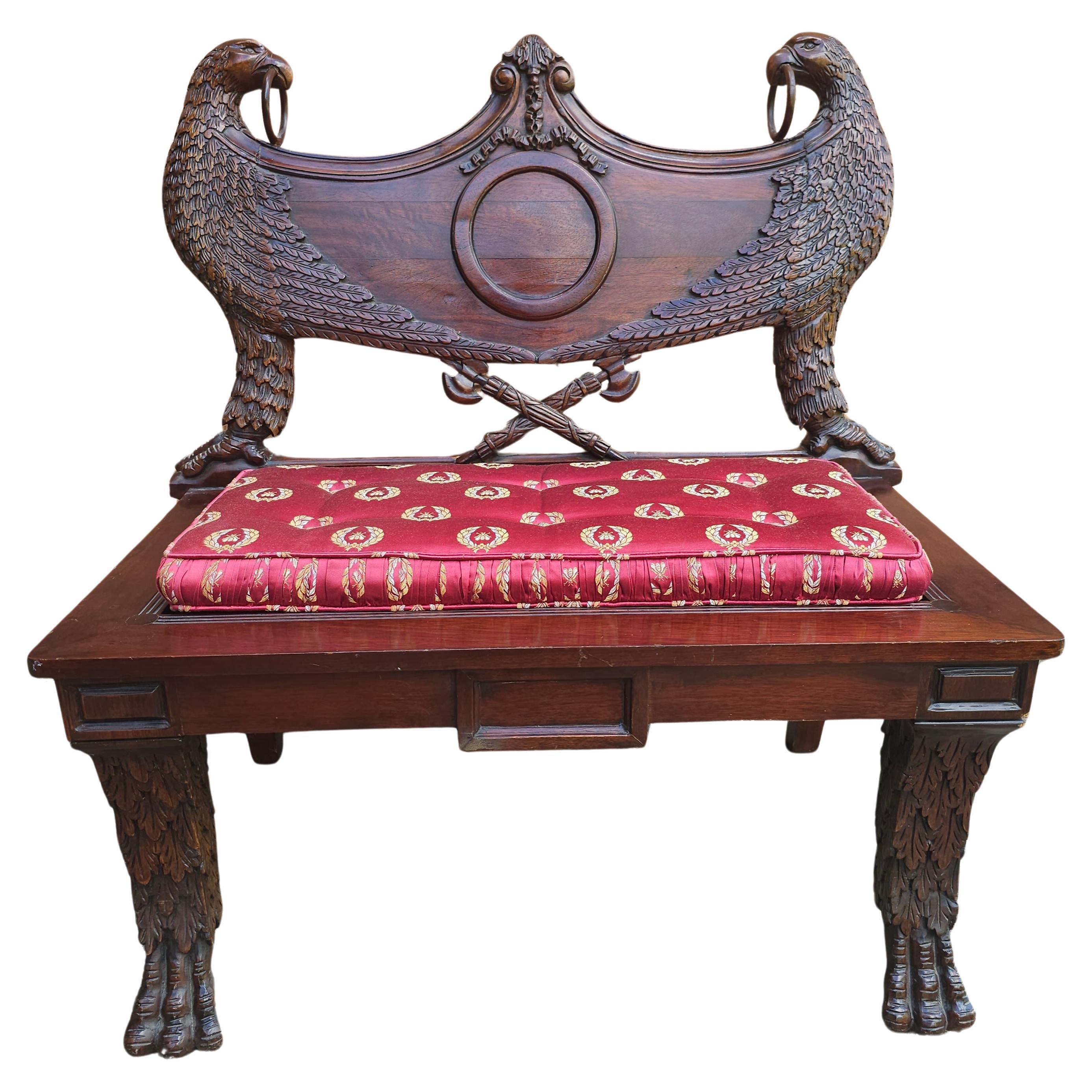 Empire Style Heraldic Coat of Arms Carved Mahogany Double Eagle Bench For Sale