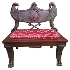 Antique Empire Style Heraldic Coat of Arms Carved Mahogany Double Eagle Bench