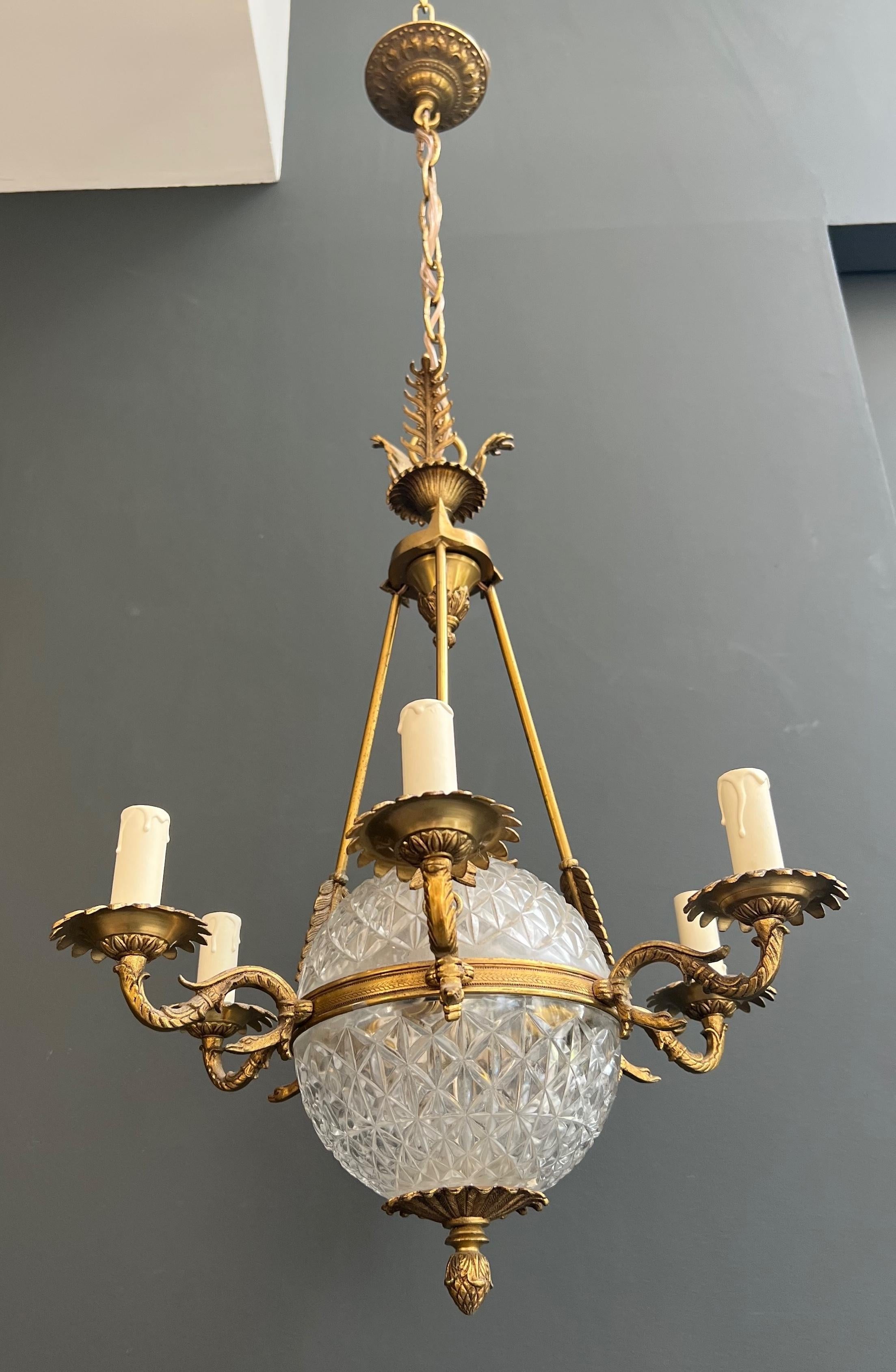 Lampadario a mongolfiera in stile impero in bronzo e cristallo in vendita 12