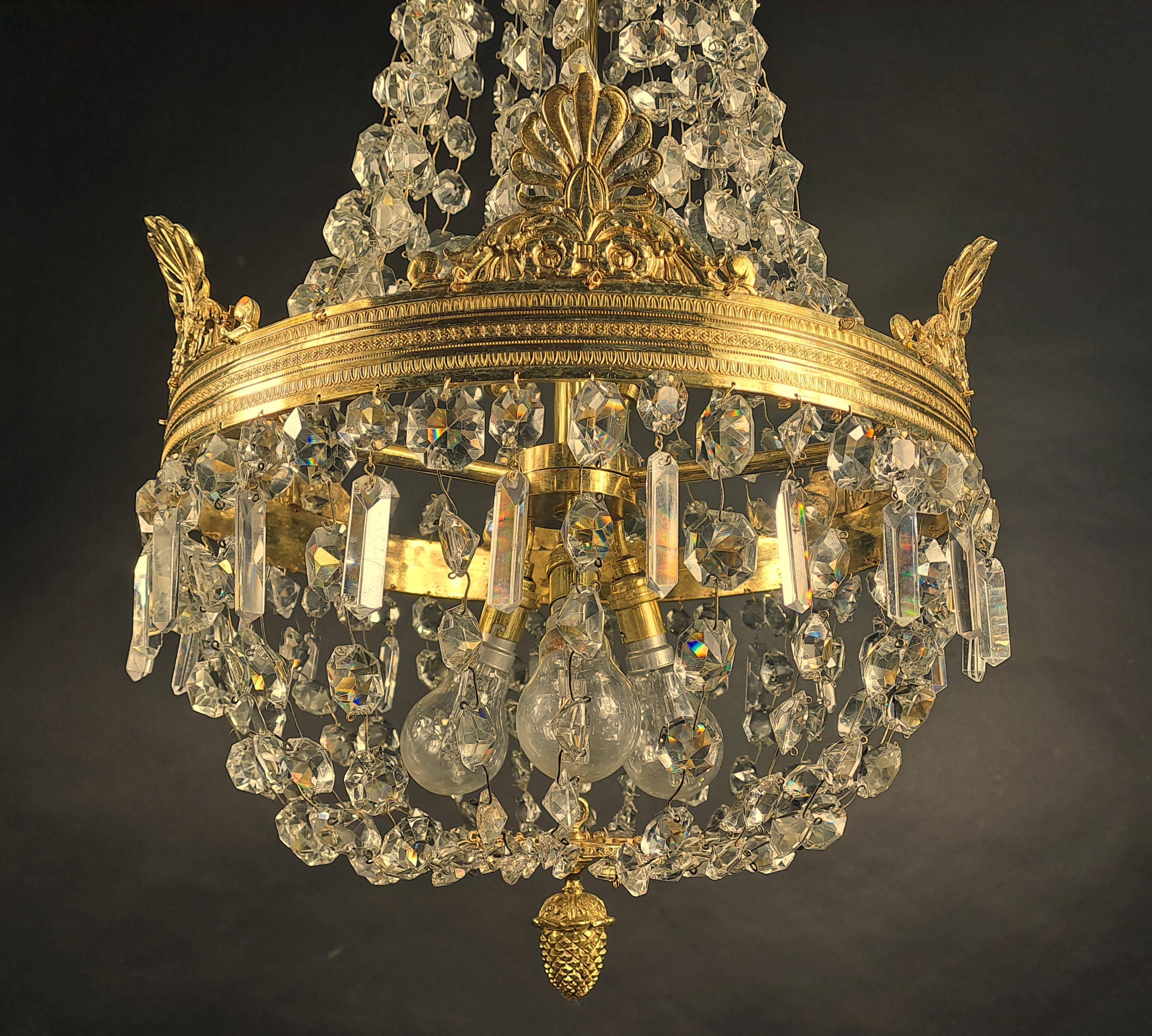 20th Century Empire Style Hot Air Balloon Chandelier In Gilt Bronze And Crystal For Sale