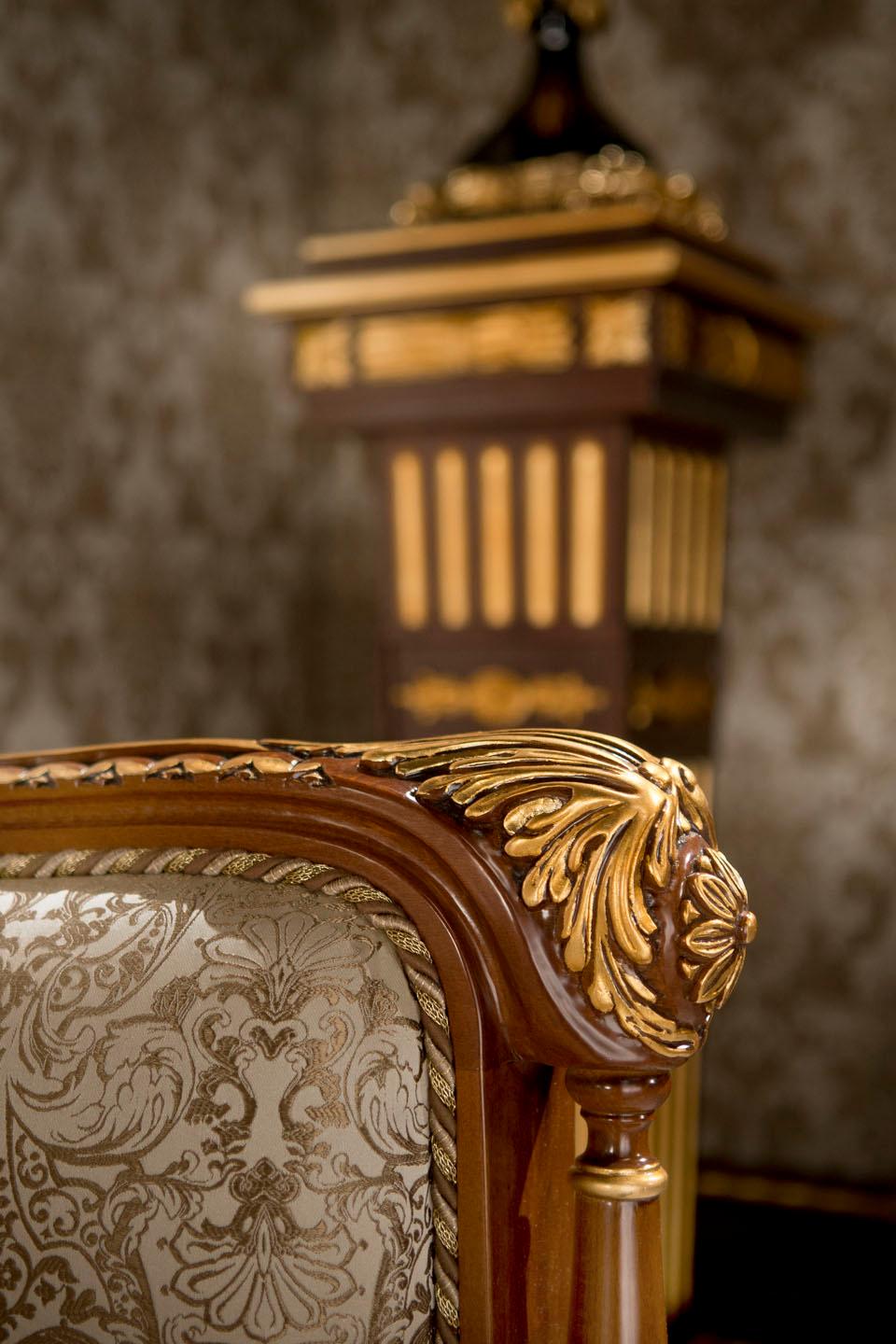 Contemporary Empire-Style Italian Armchair with Cushion in Walnut and Gold Leaf Finish For Sale