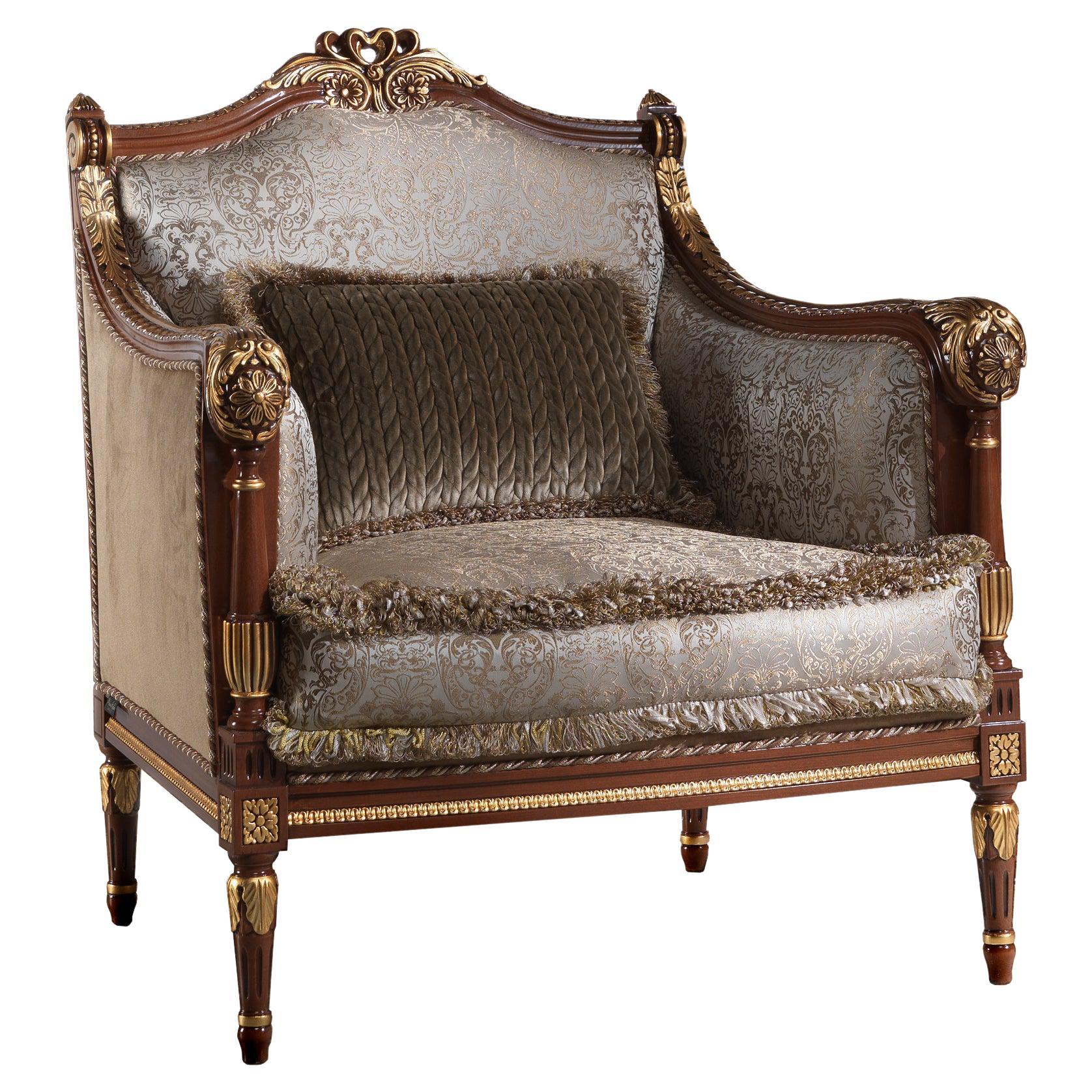 Empire-Style Italian Armchair with Cushion in Walnut and Gold Leaf Finish For Sale