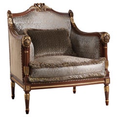 Empire-Style Italian Armchair with Cushion in Walnut and Gold Leaf Finish