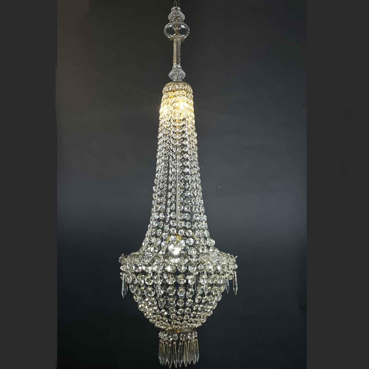 Faceted Empire Style Italian Beaded Crystal Chandelier Early 20th Century Basket Pendant