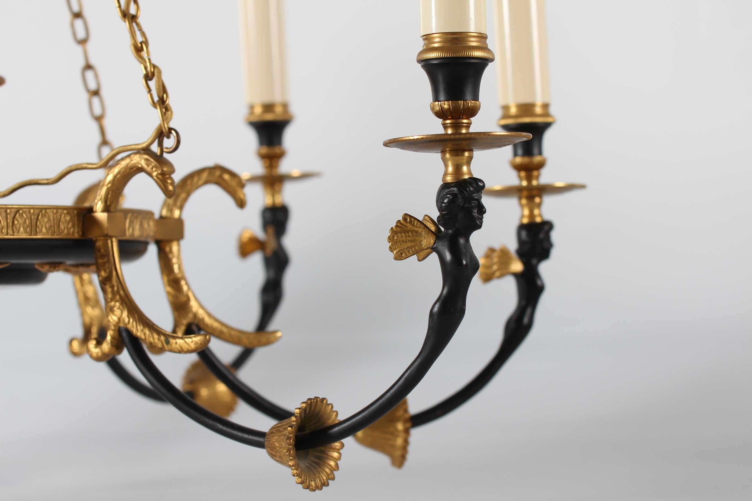 Danish Empire Style Large Chandelier of Gilded and Black Patinated Metal Women Figures