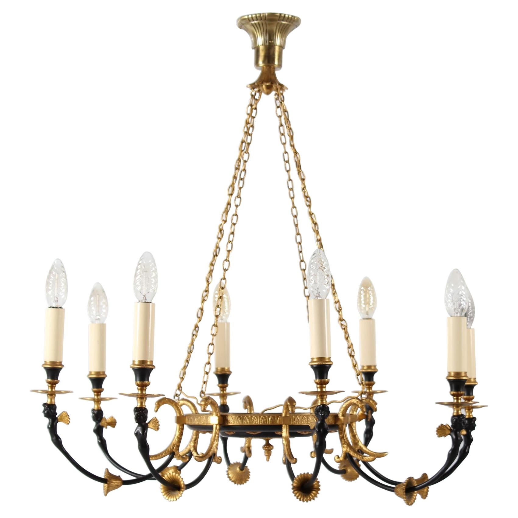 Empire Style Large Chandelier of Gilded and Black Patinated Metal Women Figures