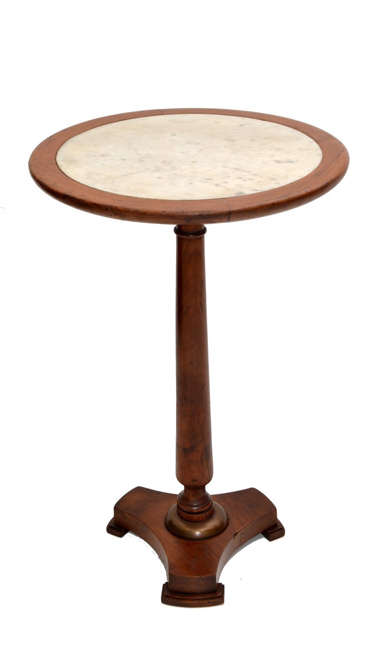Empire Style Made In France Side Table Turned Oak Wood & Marble Top, 1950 For Sale 6