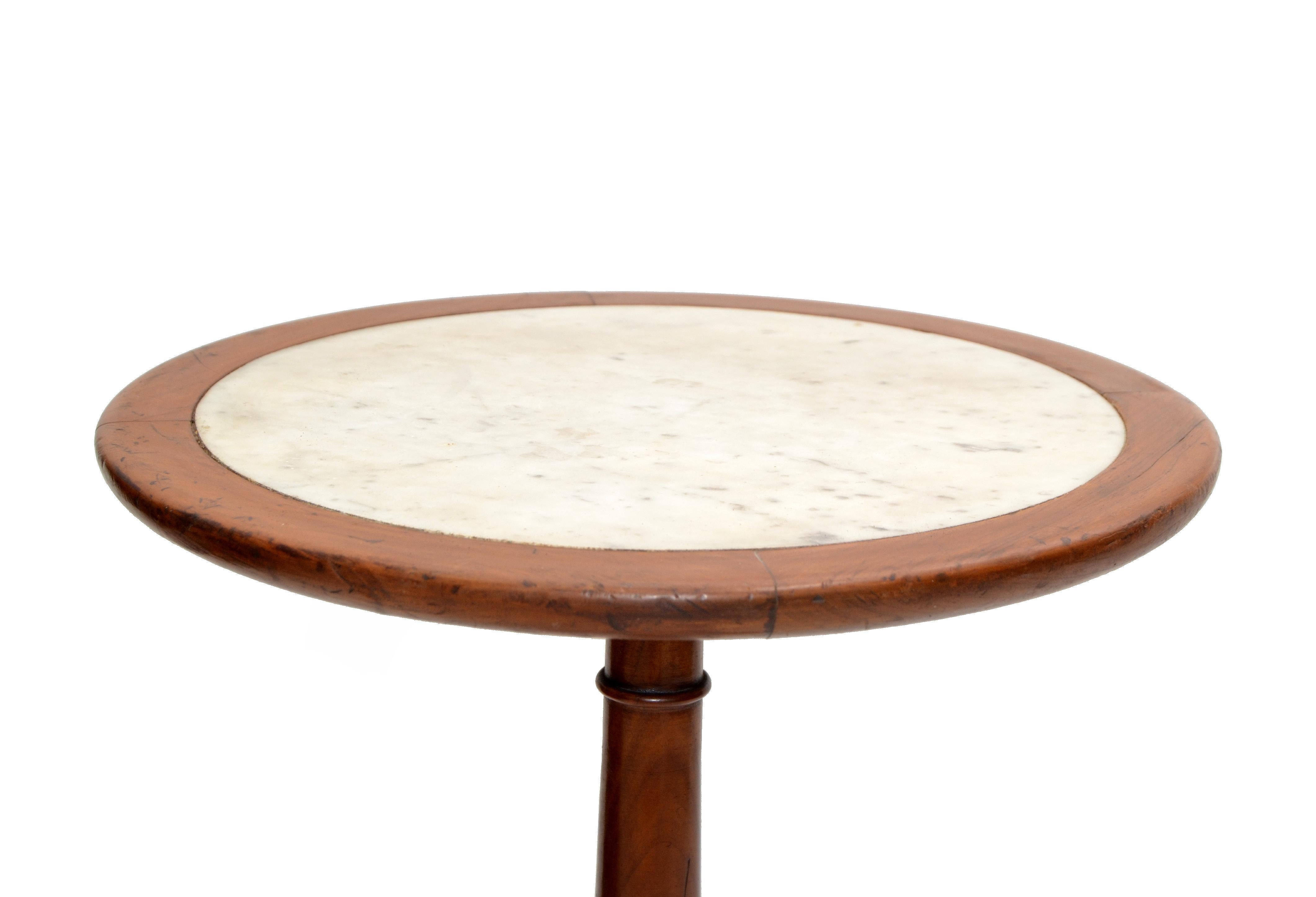 French Empire Style Made In France Side Table Turned Oak Wood & Marble Top, 1950 For Sale