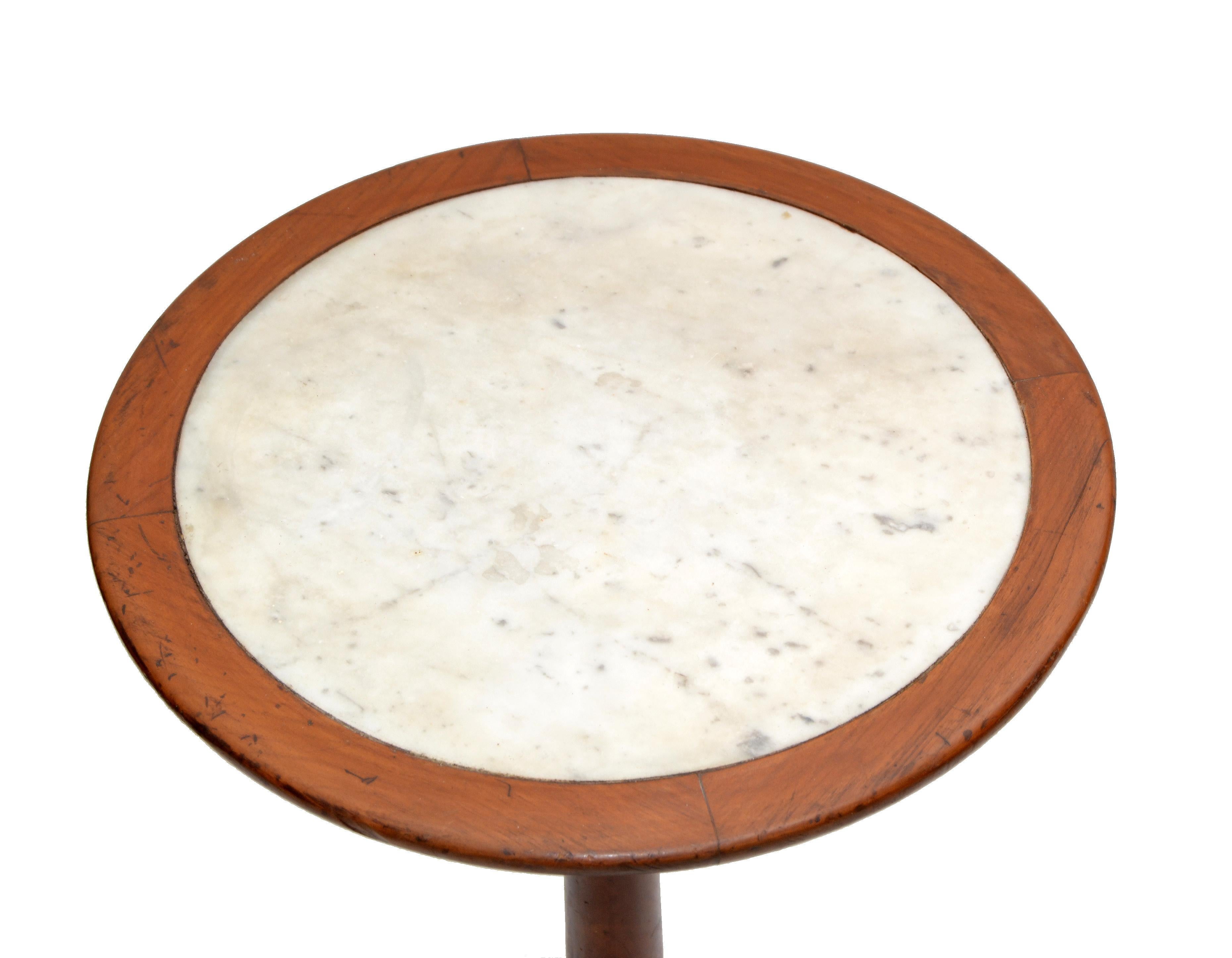 Hand-Crafted Empire Style Made In France Side Table Turned Oak Wood & Marble Top, 1950 For Sale