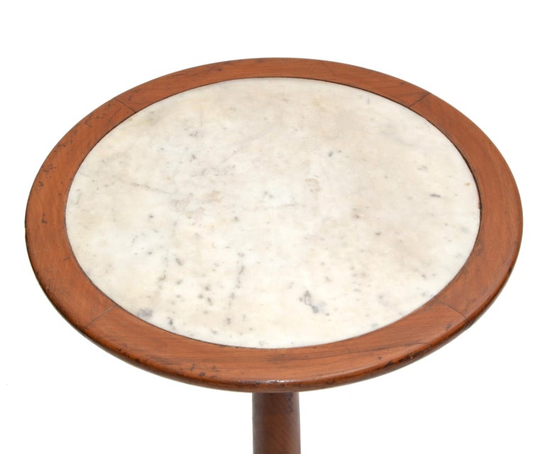 20th Century Empire Style Made In France Side Table Turned Oak Wood & Marble Top, 1950 For Sale