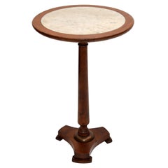 Empire Style Made In France Side Table Turned Oak Wood & Marble Top, 1950