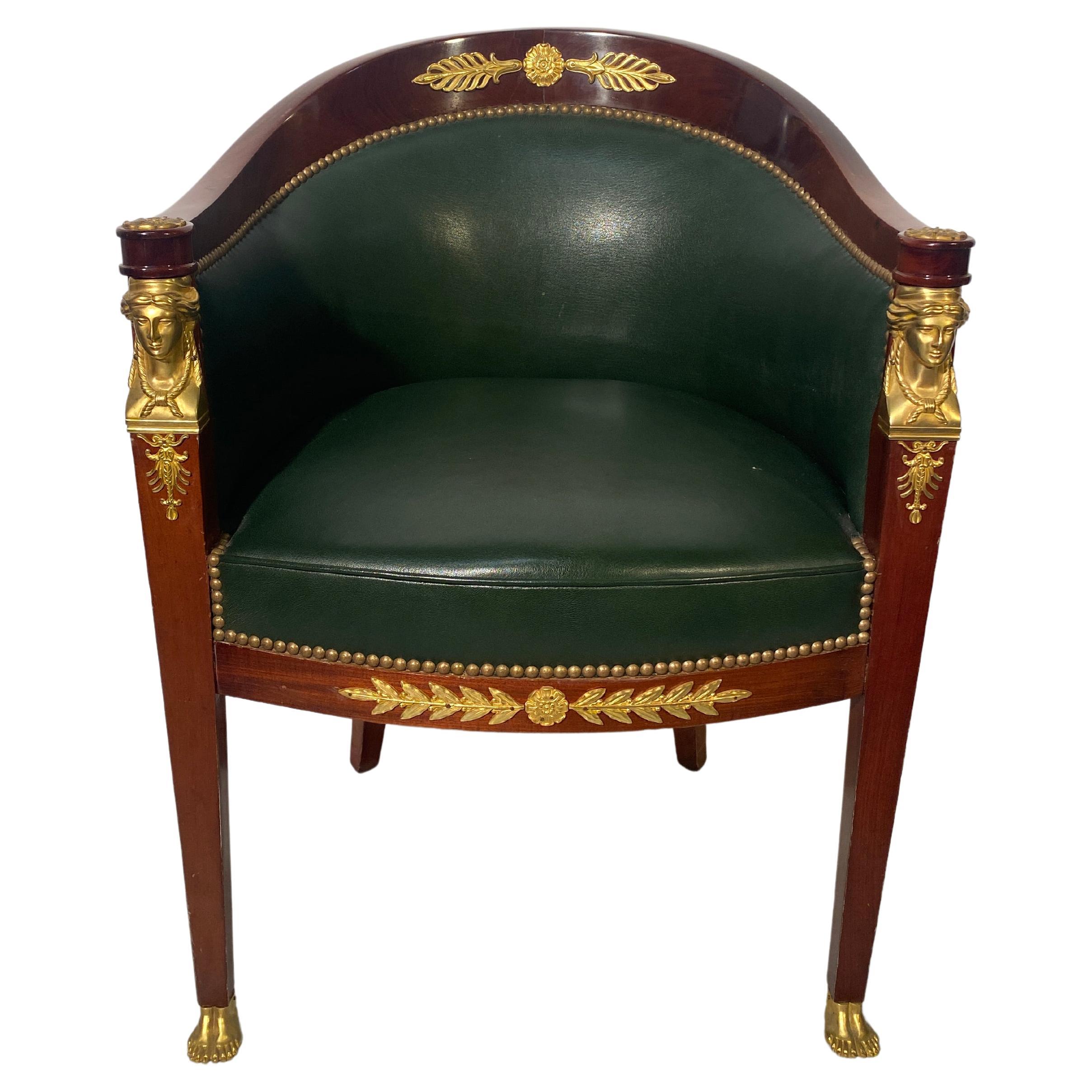 Chaise de bureau de style Empire en acajou et cuir avec décor égyptien