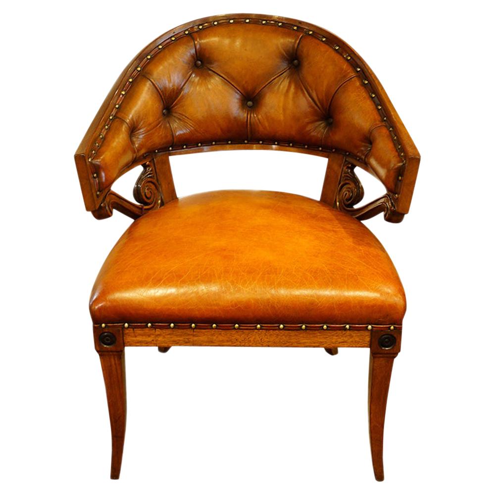 Empire Style Mahogany and Leather Tub Shaped Desk Library Chair, circa 1920