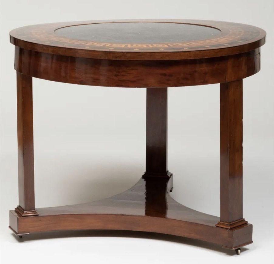 Marquetry Empire Style Mahogany Table with Inset Fossilized Marble Top For Sale