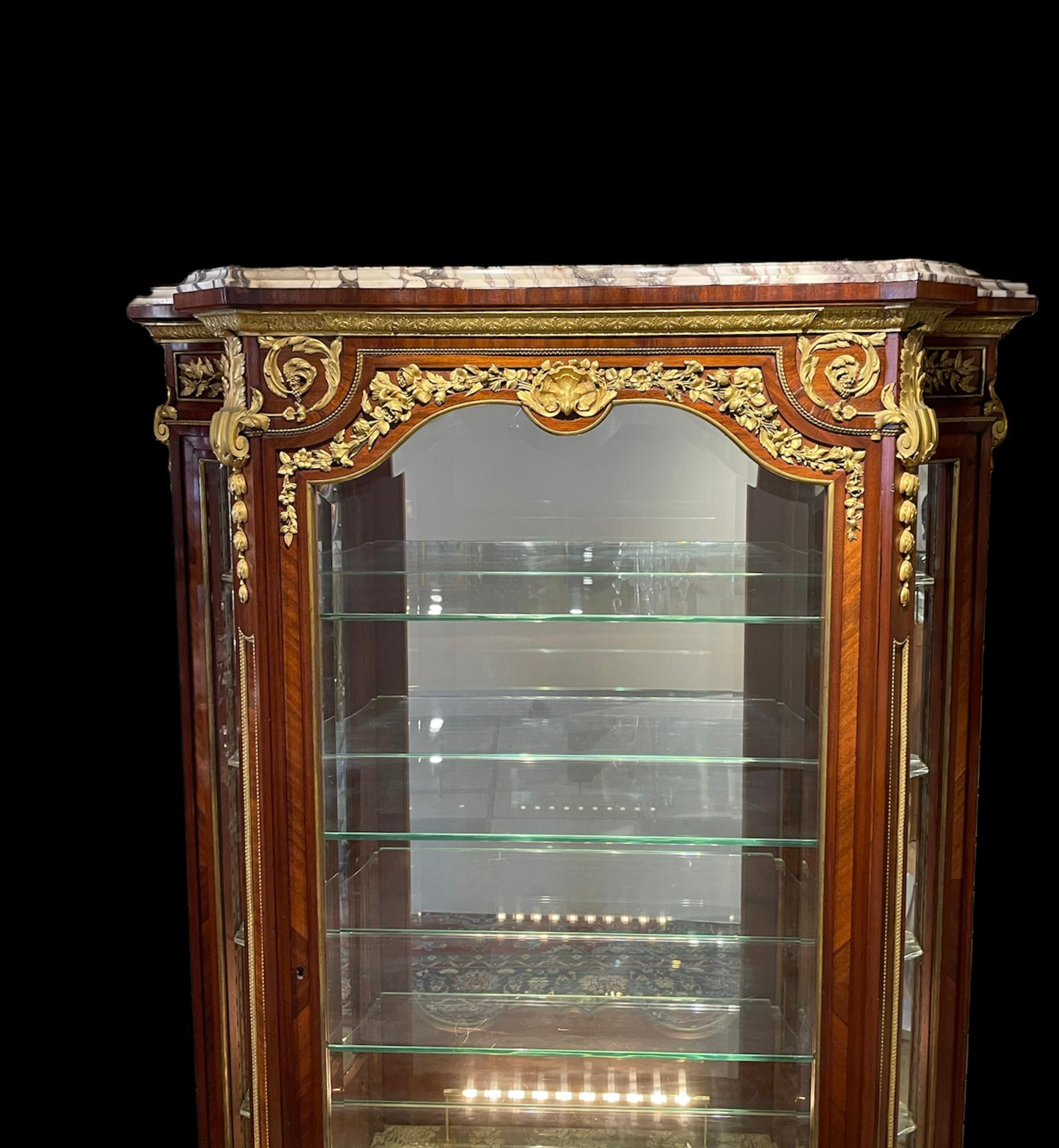 19th Century Empire Style Maison Krieger Wood, Glass, Bronze And Marble Vitrine Cabinet For Sale
