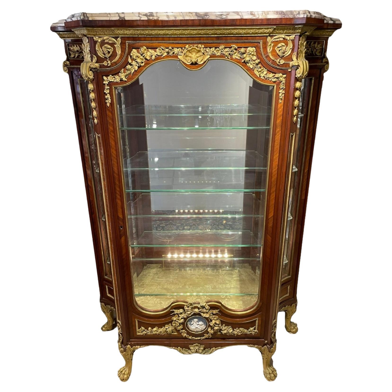 Empire Style Maison Krieger Wood, Glass, Bronze And Marble Vitrine Cabinet For Sale