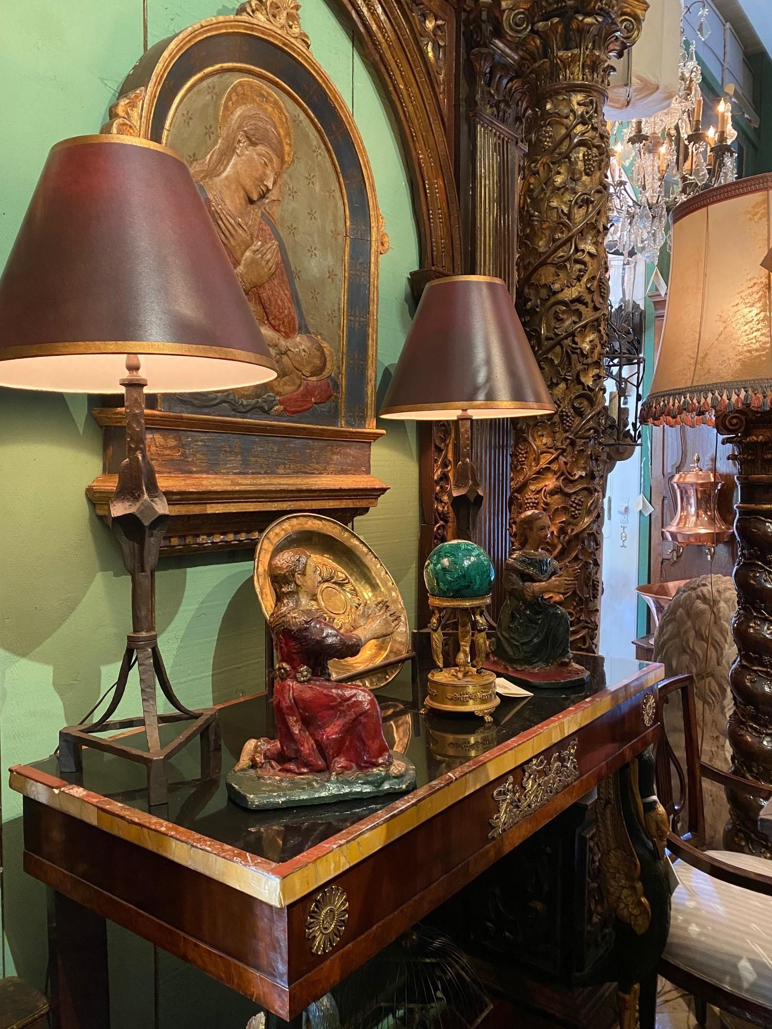 Empire Style Malachite on a Bronze Doré Gilded Stand Desk Decorative Object LA. A Beautiful Empire style malachite orb on a bronze Doré stand retour d'Egypte of 3 figures of standing maidens with a pine cone in the center an detailed crown holder