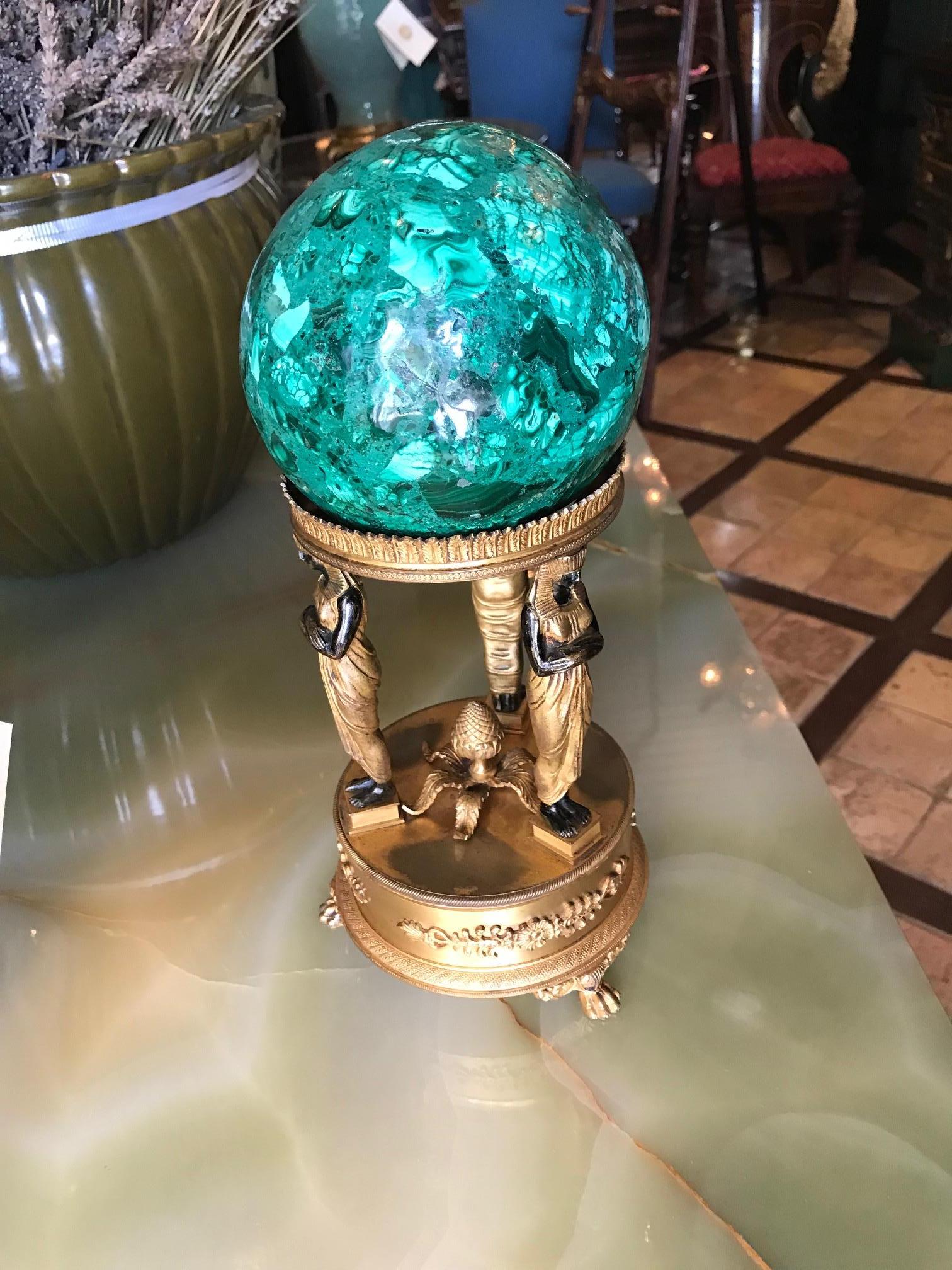 French Empire Style Malachite on a Bronze Doré Gilded Stand Desk Decorative Object LA For Sale