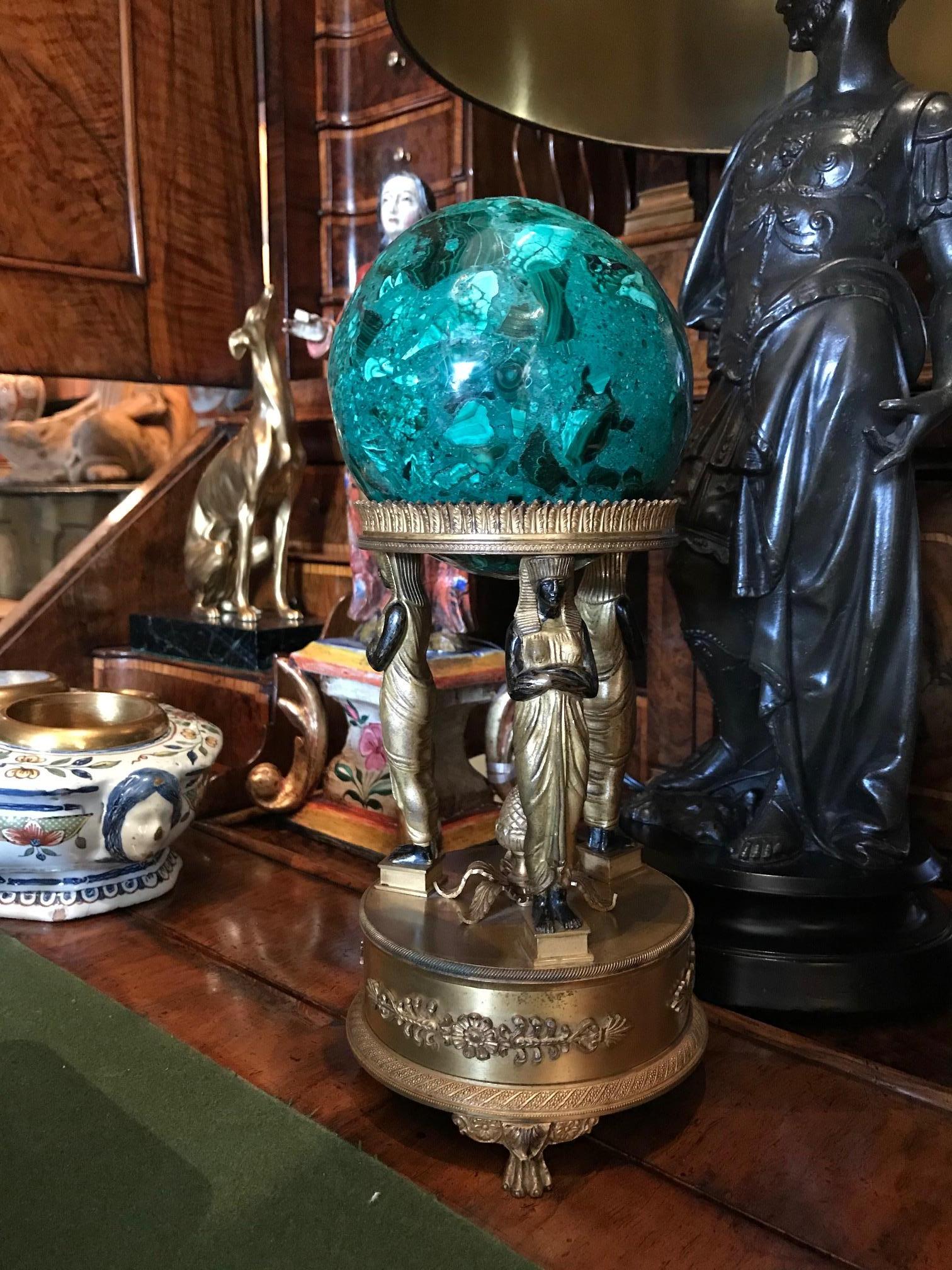 Hand-Crafted Empire Style Malachite on a Bronze Doré Gilded Stand Desk Decorative Object LA For Sale